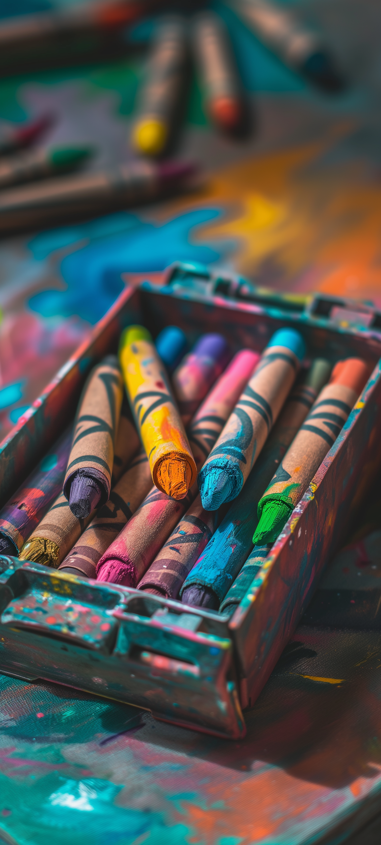 Colorful crayons in a box with artistic background, phone wallpaper.