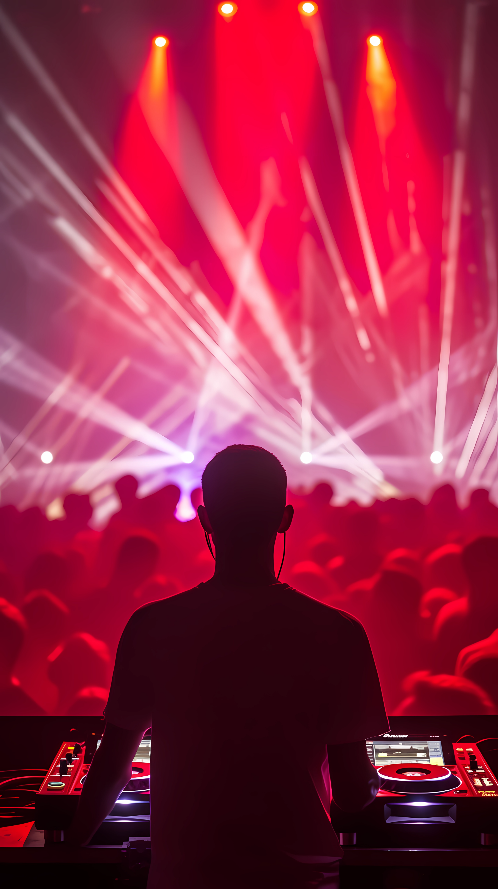 A DJ performs at a vibrant nightclub party, surrounded by a lively crowd and dynamic light displays. This energetic scene captures the essence of nightlife.