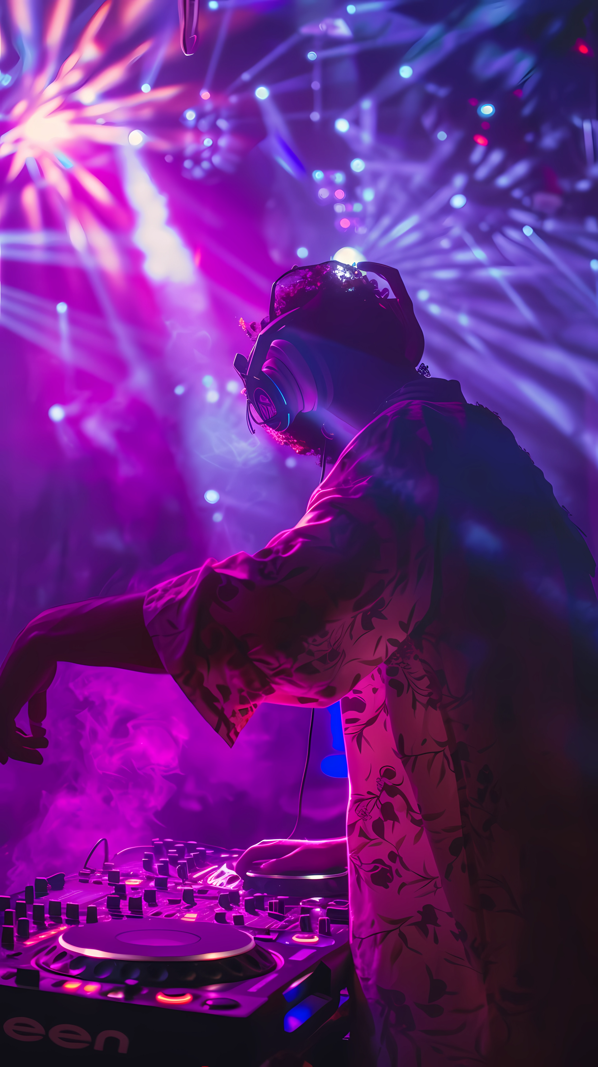 A vibrant nightclub scene with a DJ wearing headphones, mixing music under dynamic purple and blue lights, captured as a phone wallpaper for iPhone and Android.