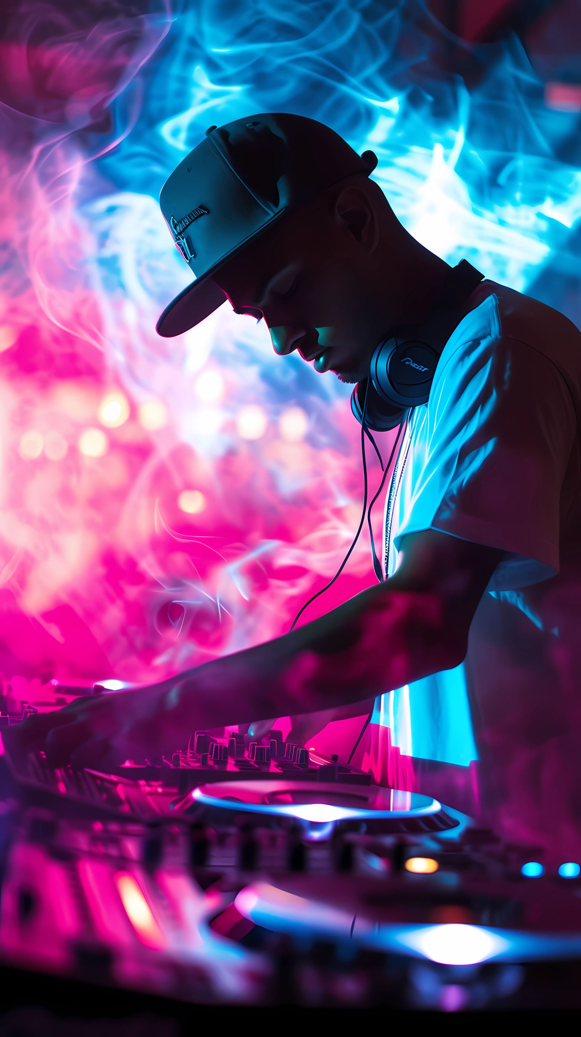 A DJ immersed in vibrant lights and smoke, passionately spinning tracks at a nightclub party. This energetic scene makes for a dynamic phone wallpaper.