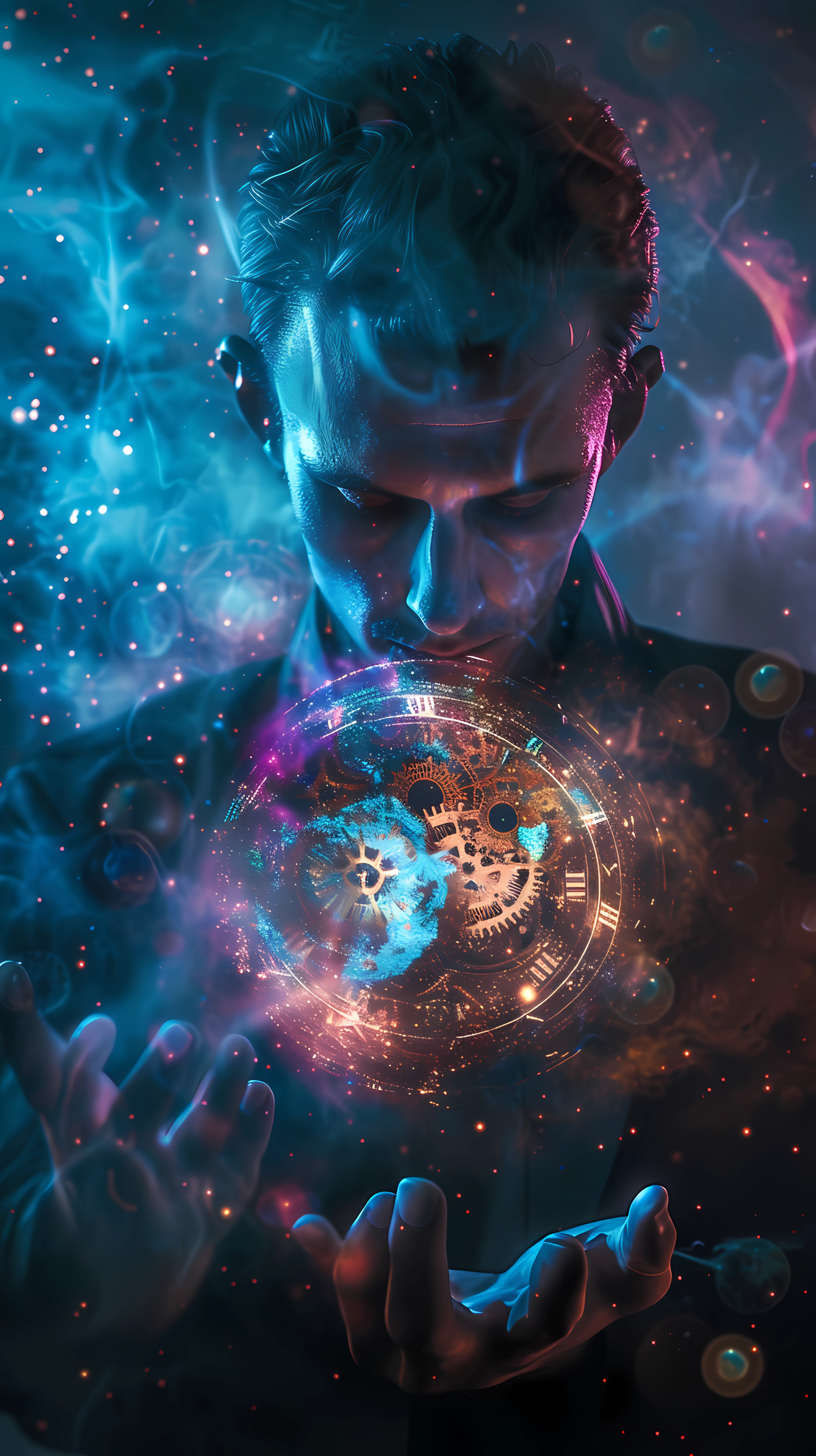 Mystical phone wallpaper featuring a person with glowing hands manipulating a futuristic holographic interface with cosmic background.