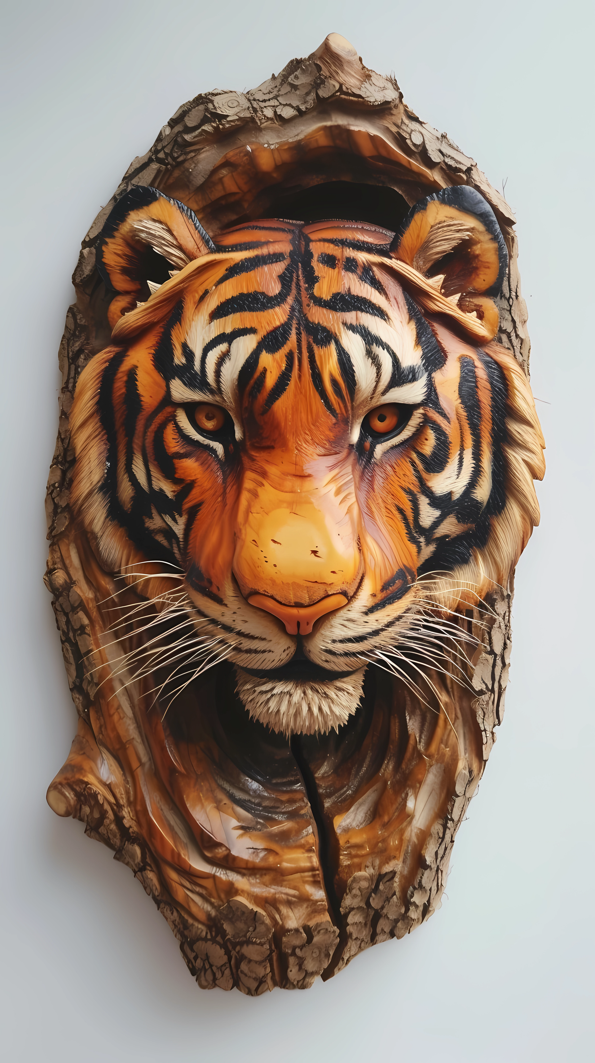 A stunning wood carving of a tiger emerging from a textured bark background, showcasing the beauty of nature and wildlife art, designed for an eye-catching phone wallpaper.