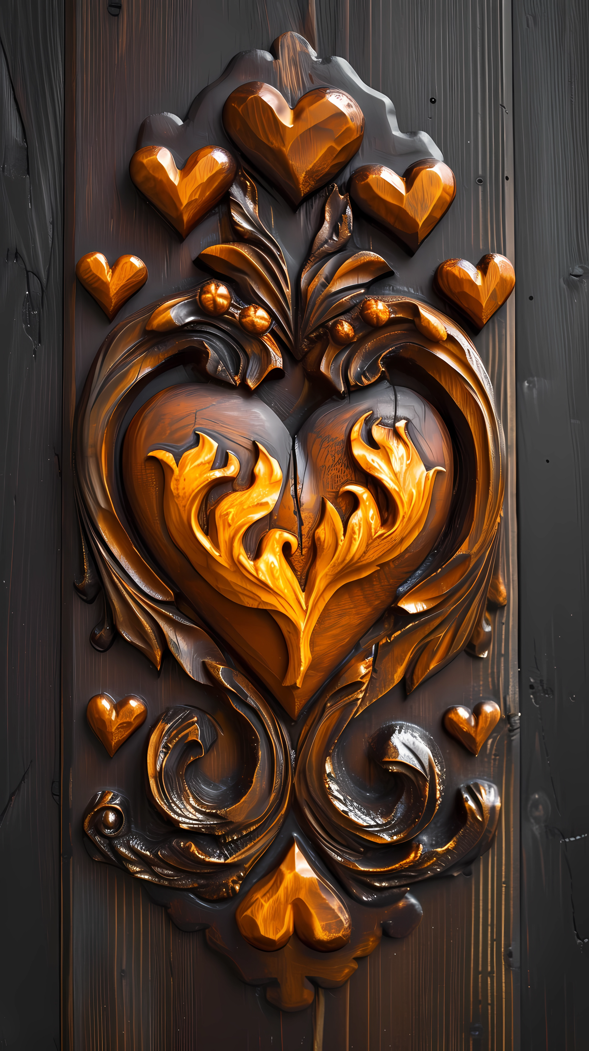 Decorative wood carving wallpaper featuring a heart with ornamental flame designs for phone background.