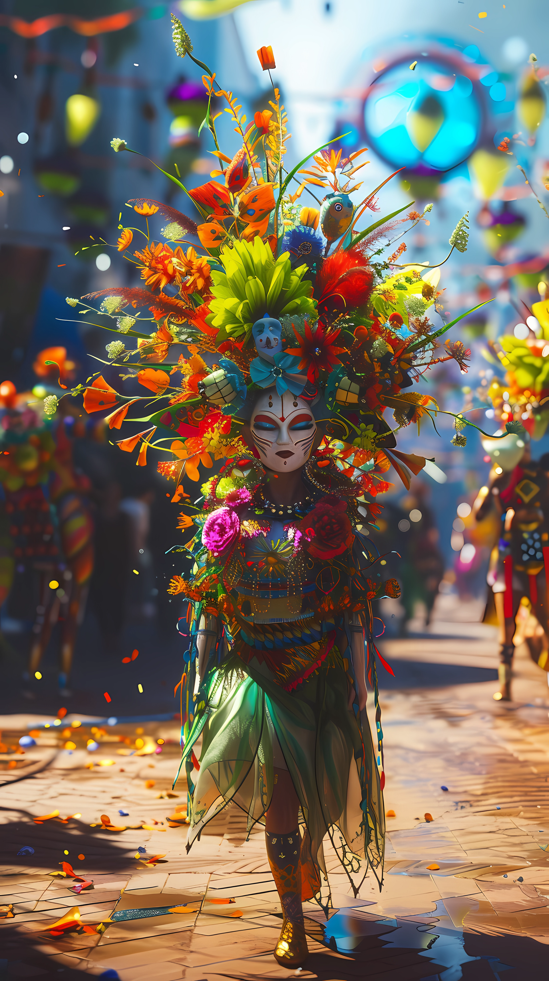 A vibrant parade scene celebrating spring, featuring a dancer in a colorful floral headdress amidst confetti and lively backgrounds, capturing the essence of ethnic diversity and nature.