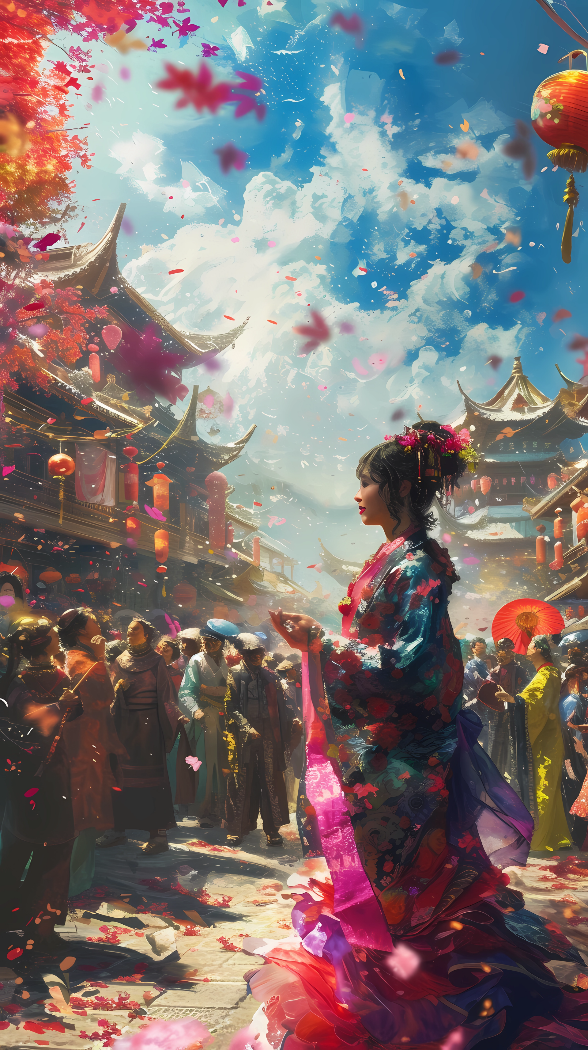 Woman in traditional attire at a vibrant Asian spring parade - phone wallpaper.