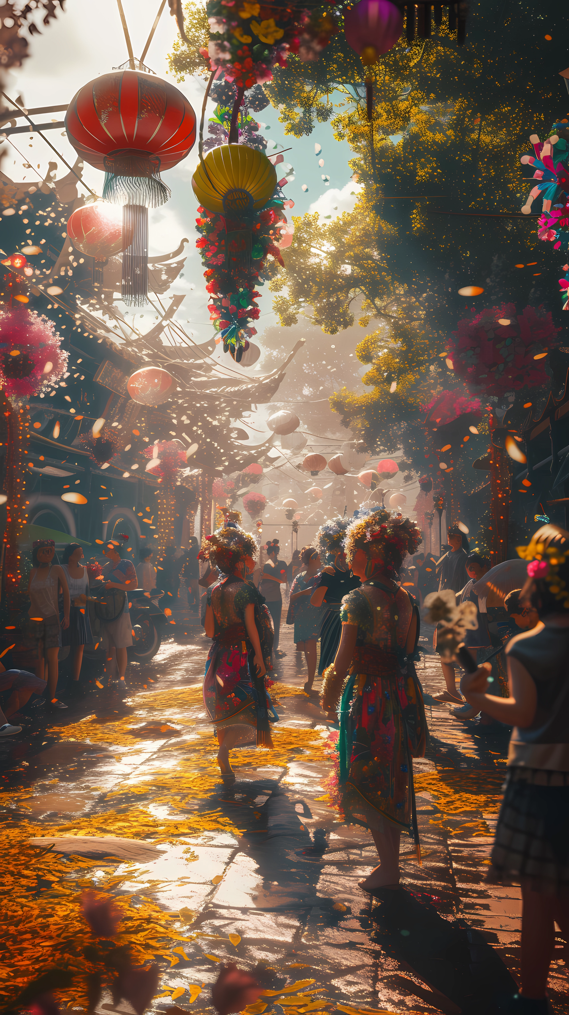 Vibrant Asian parade scene with colorful lanterns for phone wallpaper