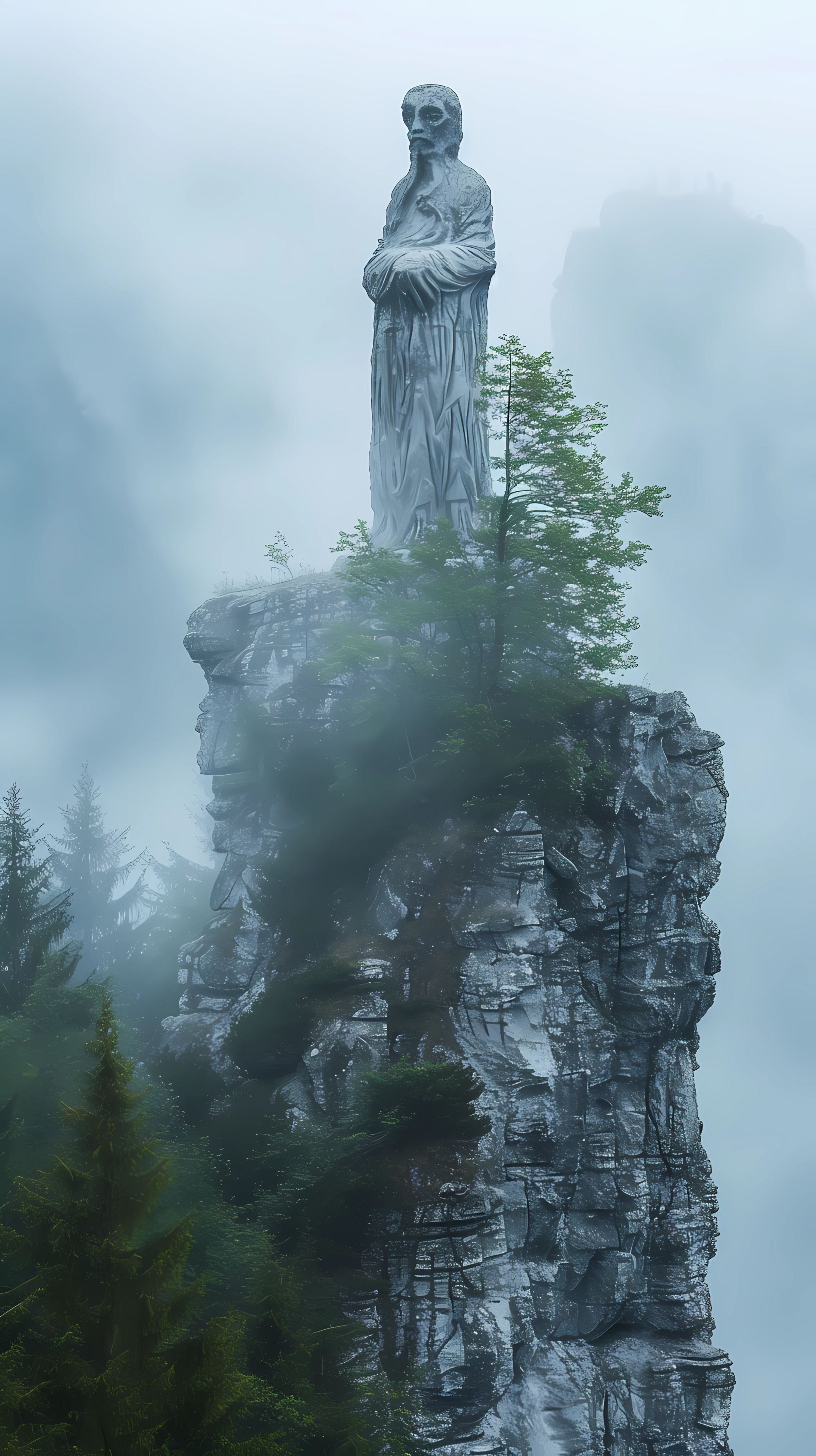 Mysterious statue atop a rocky peak surrounded by mist and greenery, fantasy-themed nature phone wallpaper.