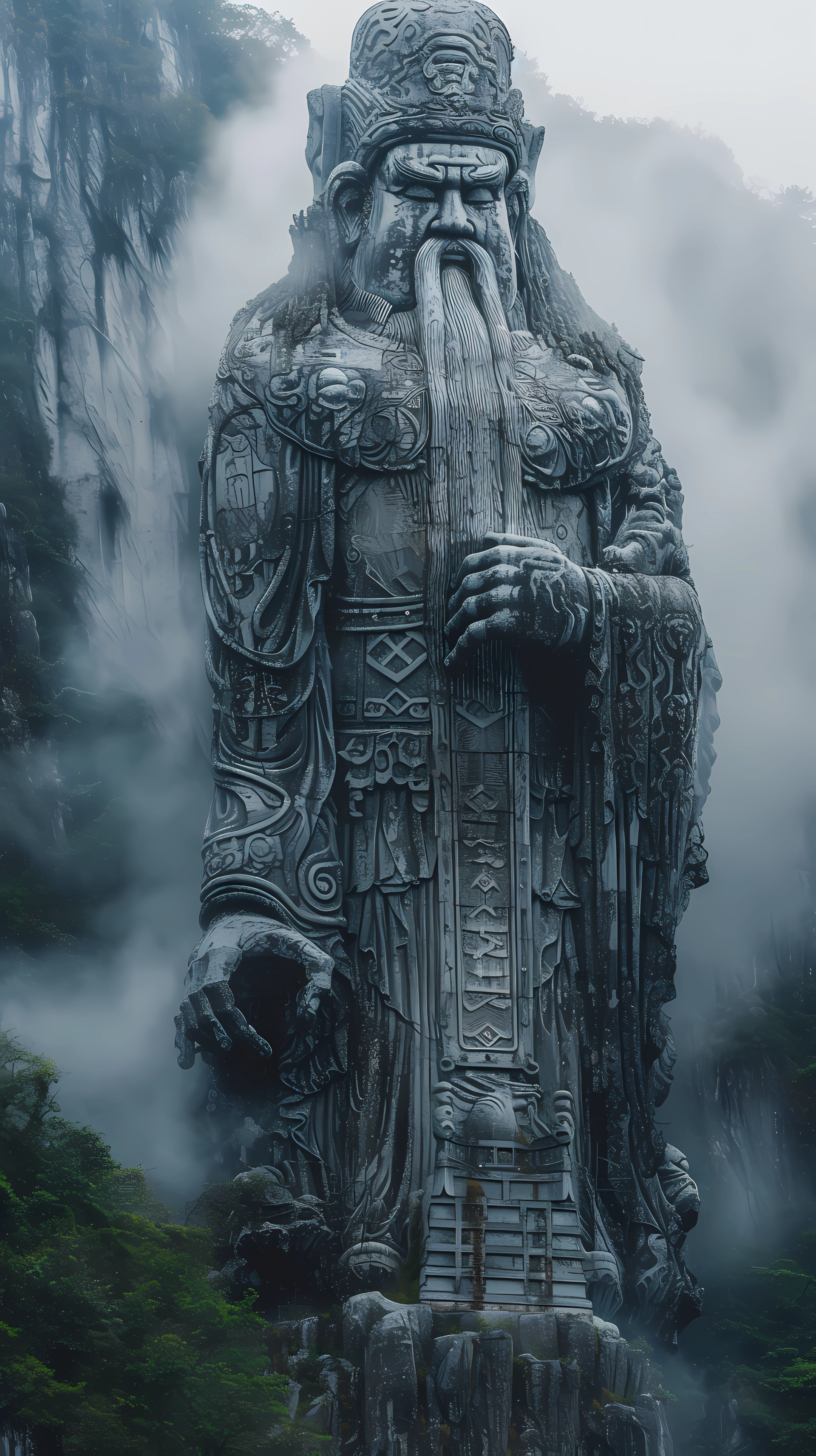 A towering statue emerges from swirling mist in a mystical landscape, embodying an Asian fantasy while harmonizing with the surrounding nature. A captivating phone wallpaper.