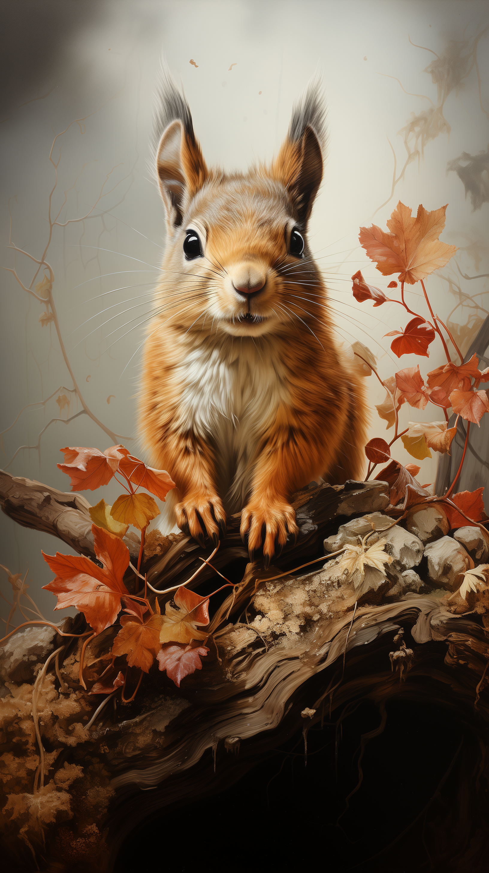 Autumn-themed phone wallpaper featuring an adorable red squirrel perched on a log amidst fallen leaves.
