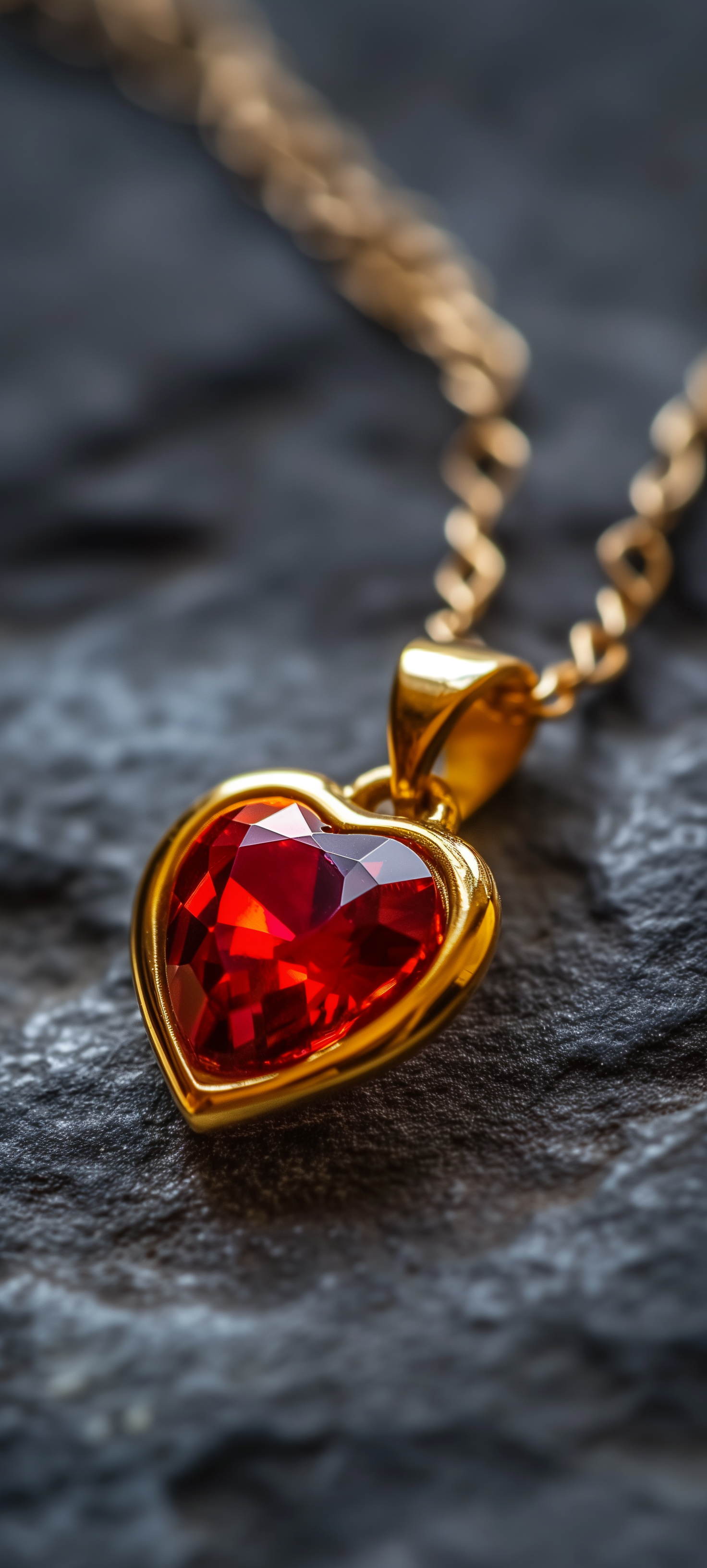 A close-up of a heart-shaped ruby pendant set in gold, glimmering against a dark textured background, designed as a captivating phone wallpaper.