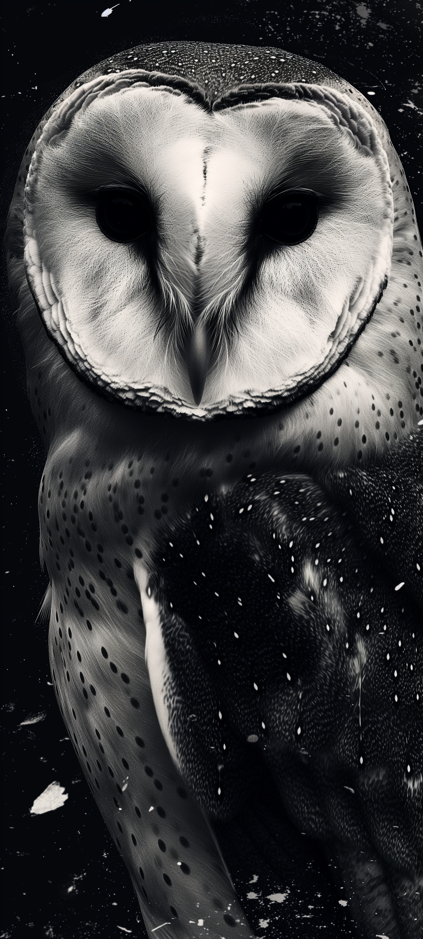 Black and white barn owl wallpaper for phone with artistic splatter effect.