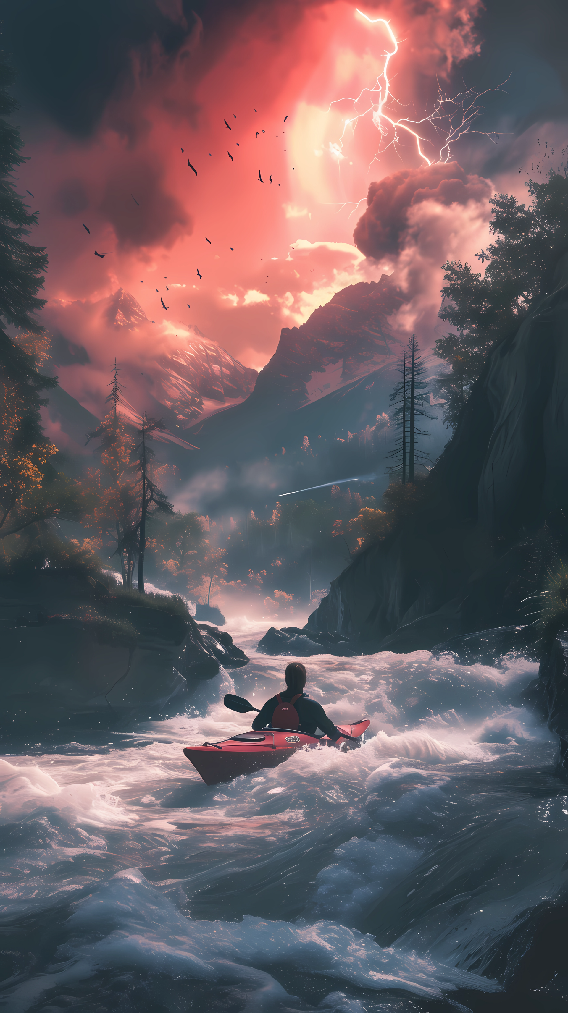 A kayaker navigates a turbulent river under a dramatic stormy sky, surrounded by nature's fierce beauty. This striking image captures the thrill of adventure.