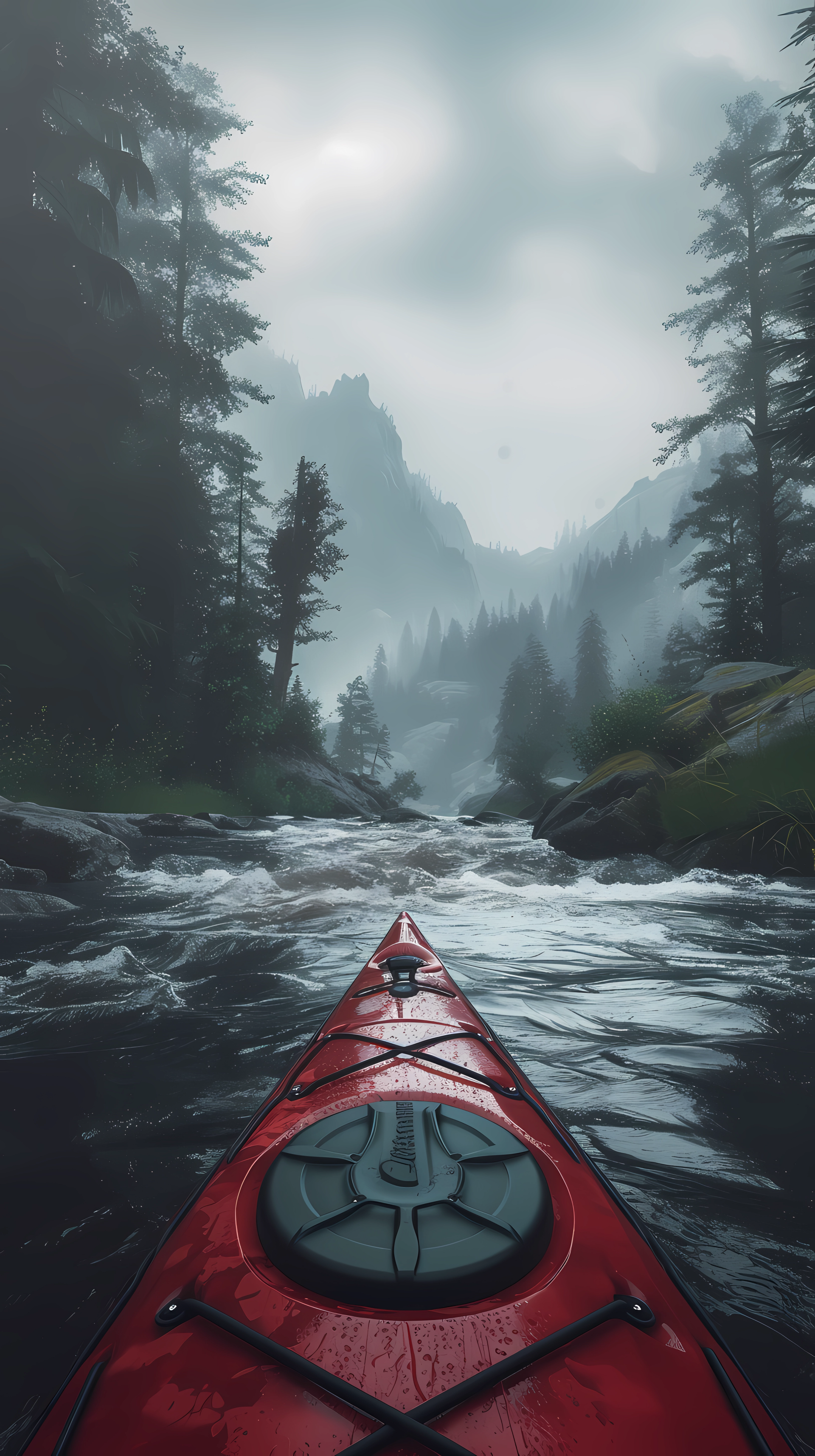 Misty River Kayaking Adventure Through Pristine Nature for Phone Wallpaper