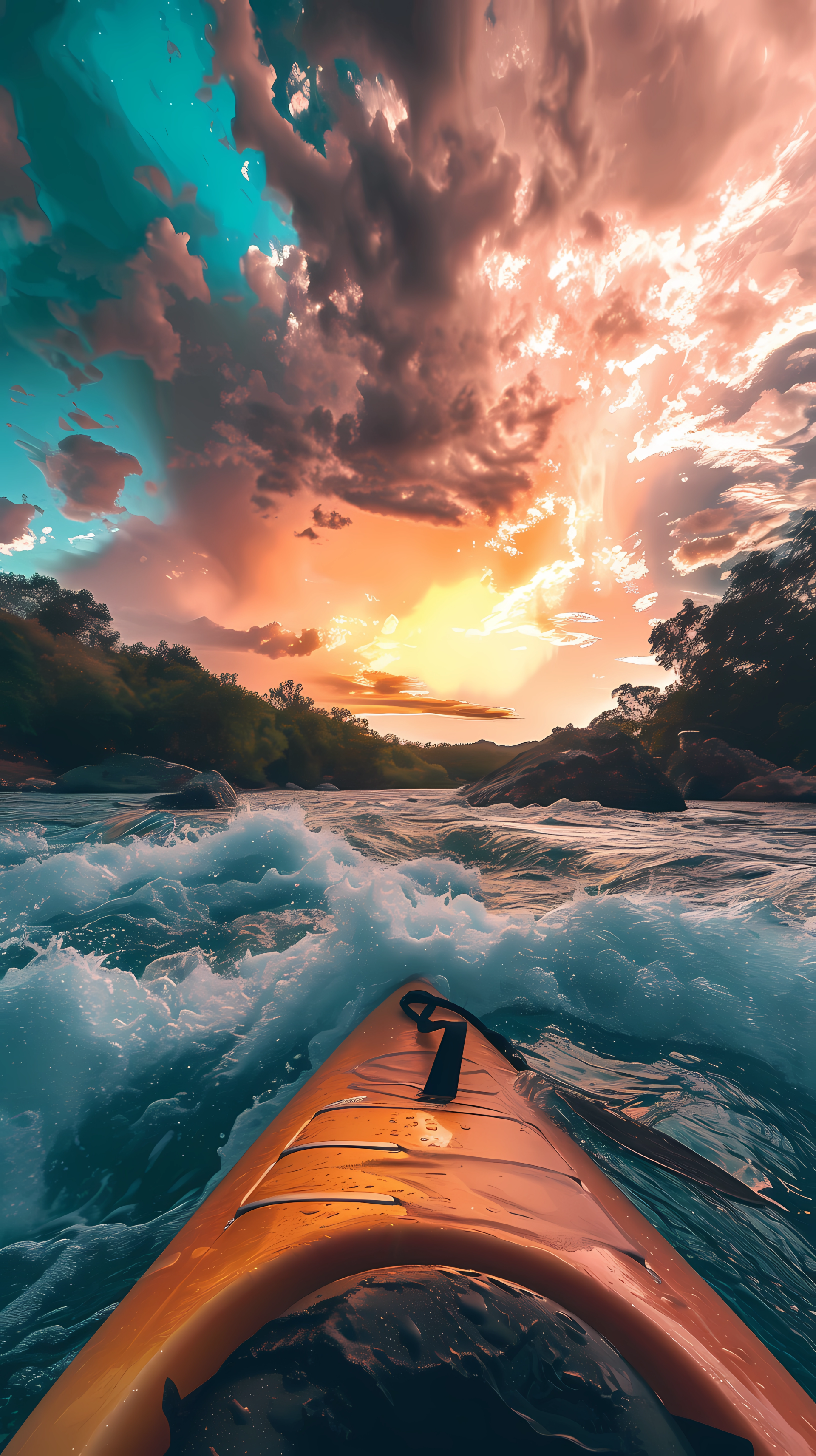 A vibrant phone wallpaper capturing a kayak navigating turbulent waters under a stunning sunset sky, showcasing the beauty of nature and the thrill of kayaking.