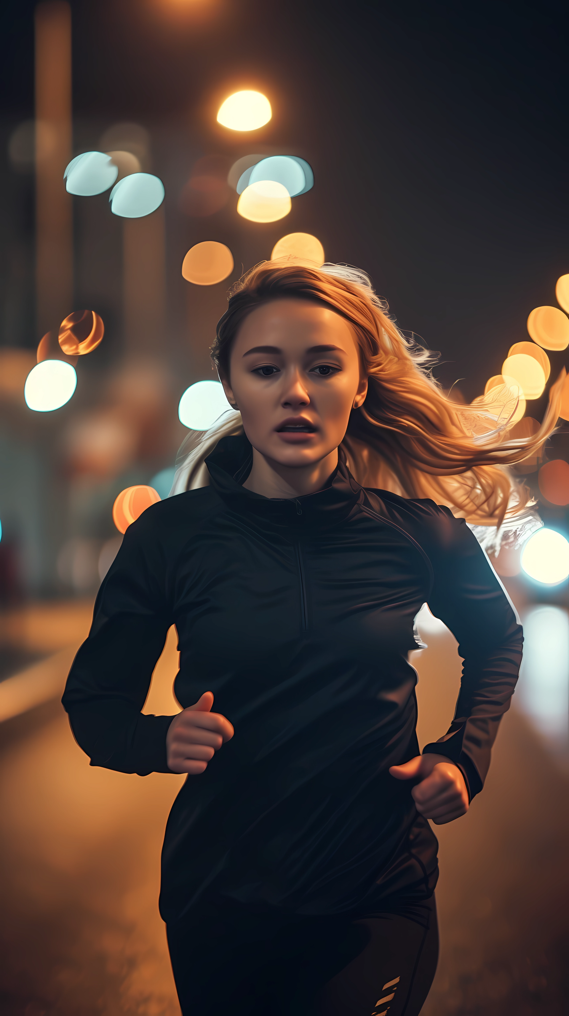 Woman jogging at night with city lights background, suitable as a sports-themed phone wallpaper.