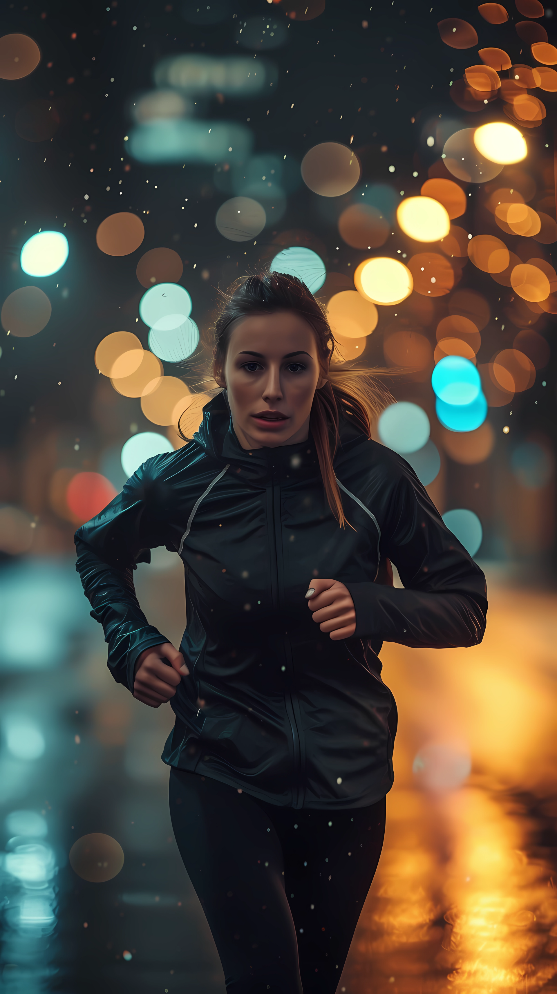A determined jogger runs through a city at night, illuminated by vibrant bokeh lights, capturing the energy of evening sports in a lively urban setting.