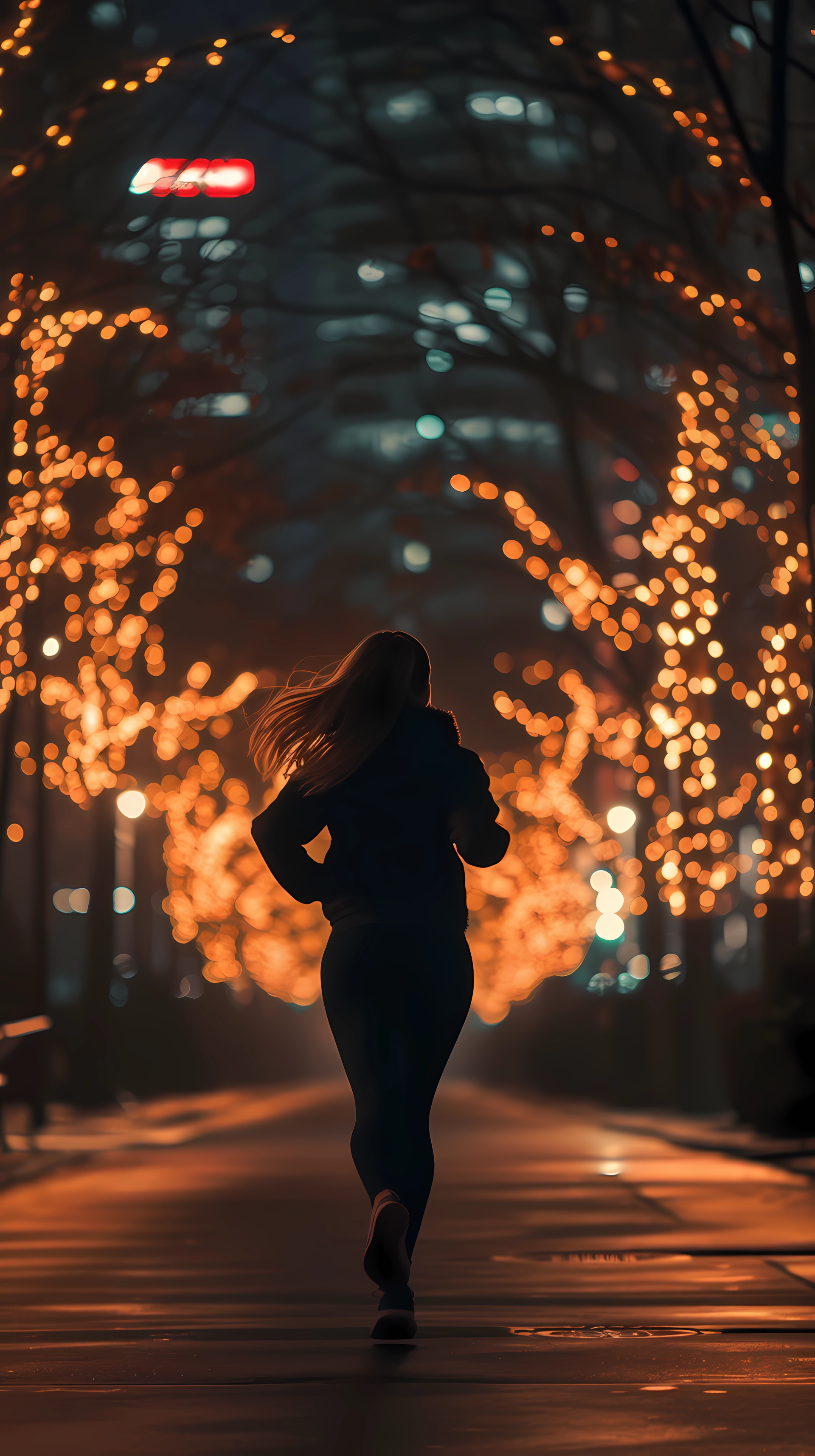 A girl jogs through a city alley at night, illuminated by glowing lights. This vibrant scene captures the energy of urban life, making it a striking phone wallpaper.