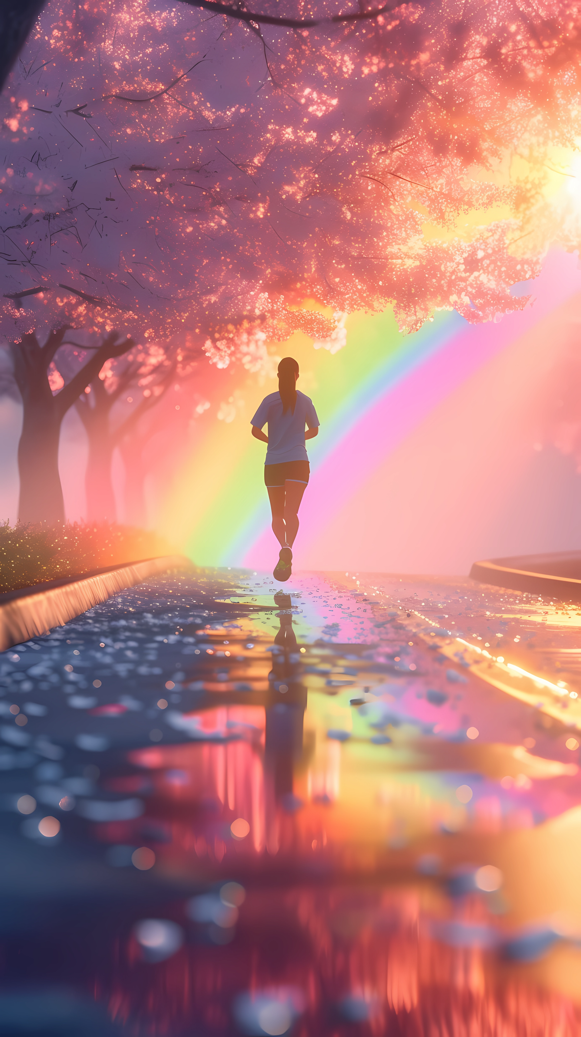 A jogger runs along a path lined with cherry blossoms, rain-soaked reflections capturing a vibrant rainbow in the background, creating a serene sports-themed phone wallpaper.