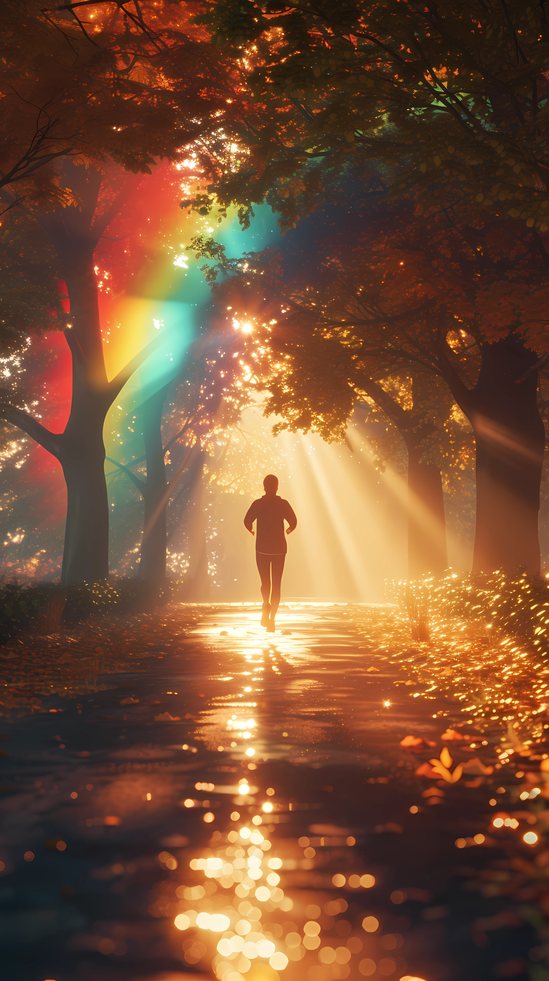 A jogger runs along a glimmering path in a vibrant forest, with sunlight breaking through trees and creating a rainbow effect in the background, capturing a serene moment in nature.