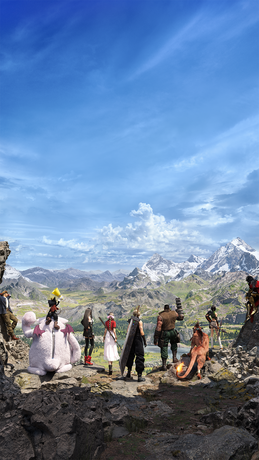 Final Fantasy VII Rebirth video game characters assembled as a team in a scenic mountainous backdrop, designed as a vibrant phone wallpaper.
