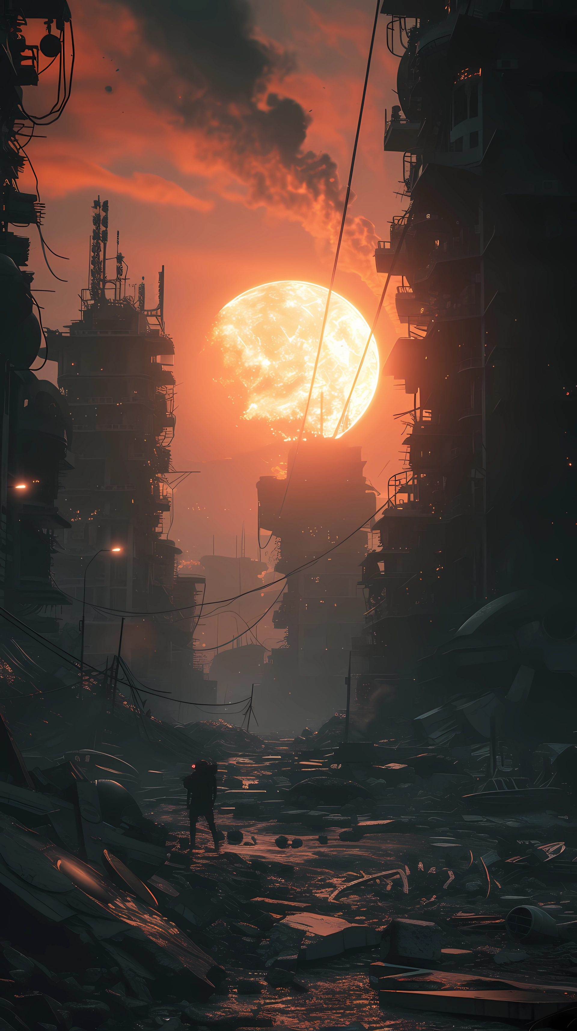 Dystopian city wallpaper showcasing a figure walking through a post-apocalyptic landscape under a large, ominous sun setting between dilapidated buildings.