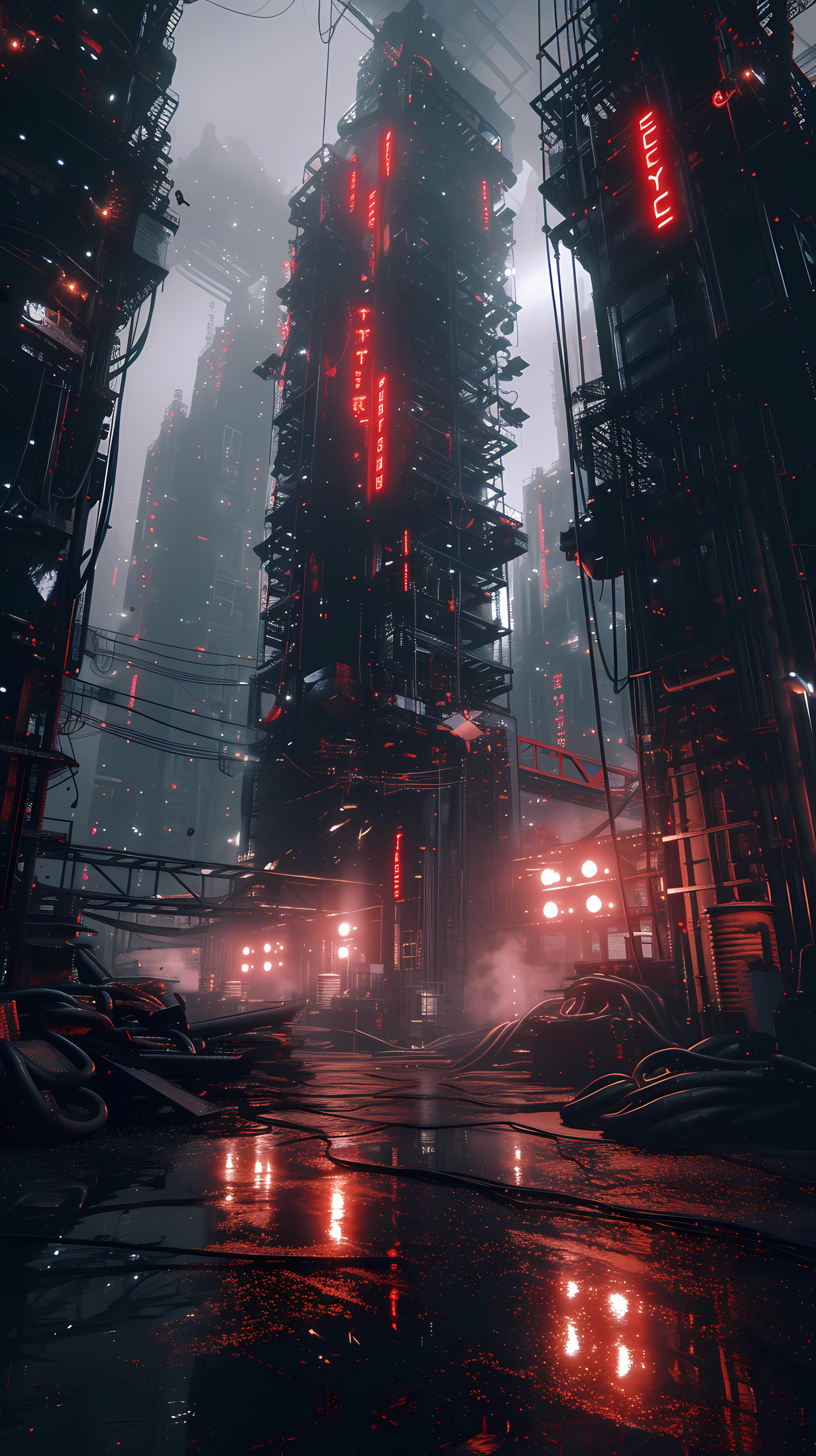 Dystopian cityscape phone wallpaper with towering buildings under a dark planetscape.