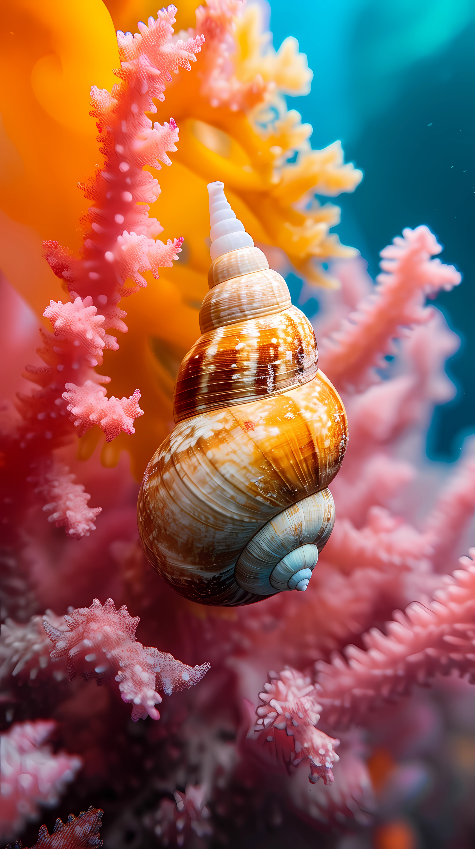 A vibrant sea snail rests among colorful coral in this captivating underwater scene, bringing the beauty of ocean nature to your phone wallpaper.