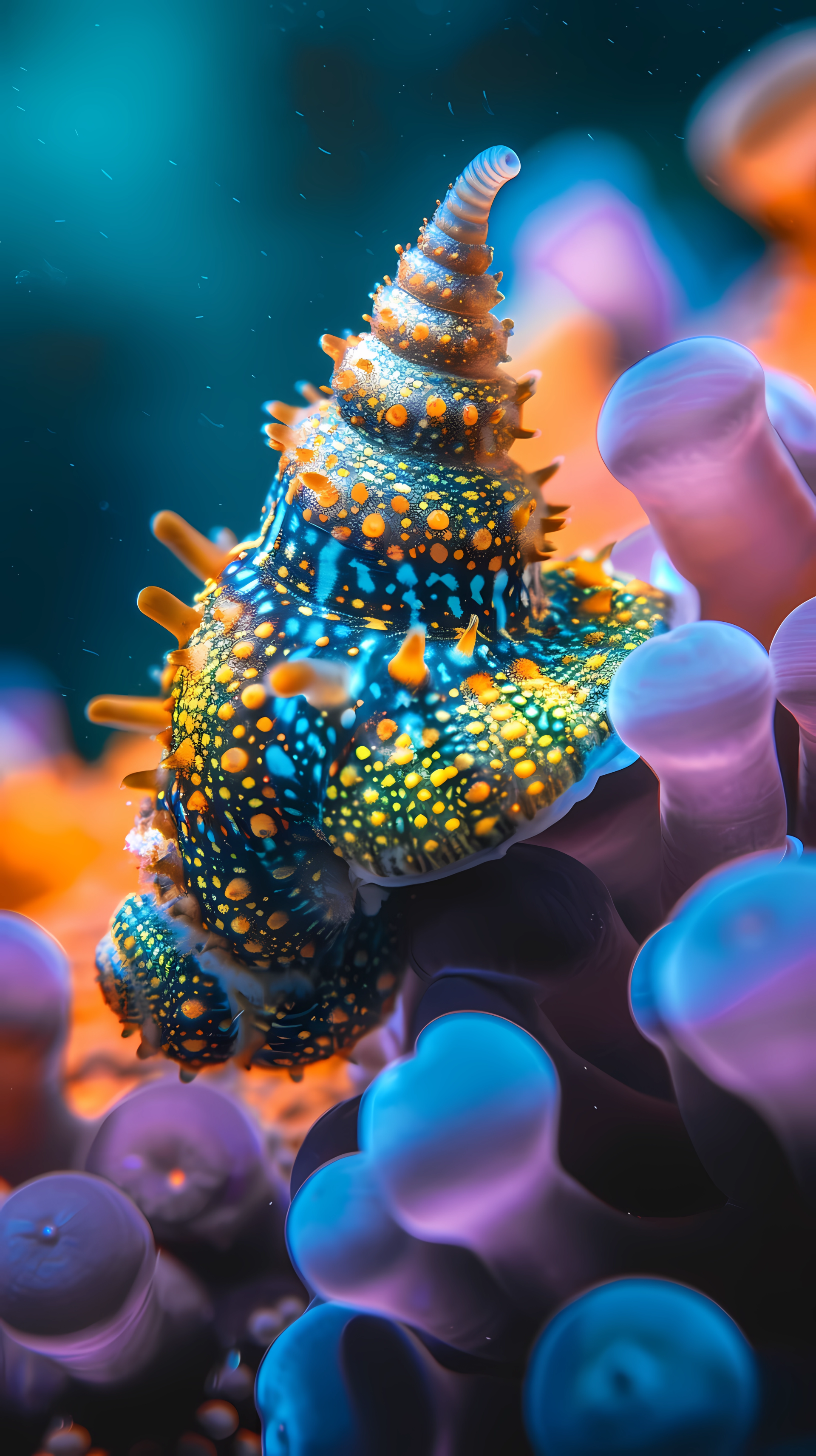 A vibrant sea snail clings to colorful coral in this stunning underwater scene, showcasing the beauty of ocean nature as a captivating phone wallpaper.