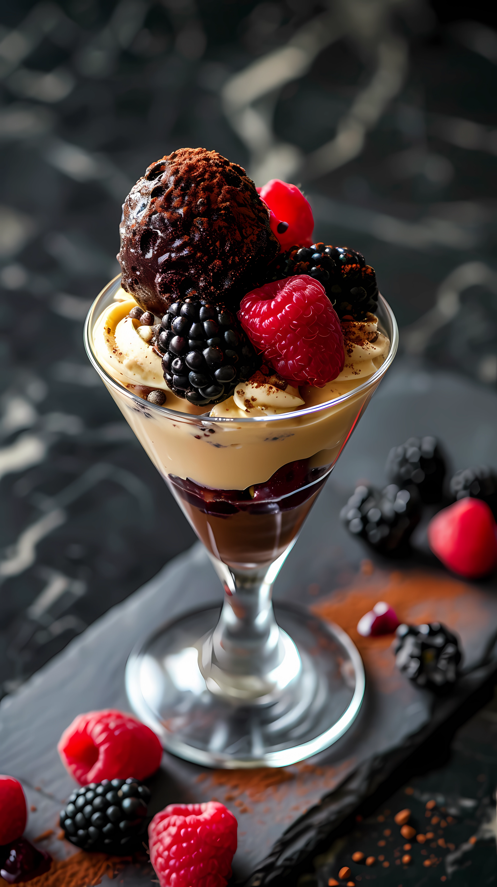 Delicious truffle and cream dessert topped with fresh berries in a tall glass, suitable as a gourmet phone wallpaper.