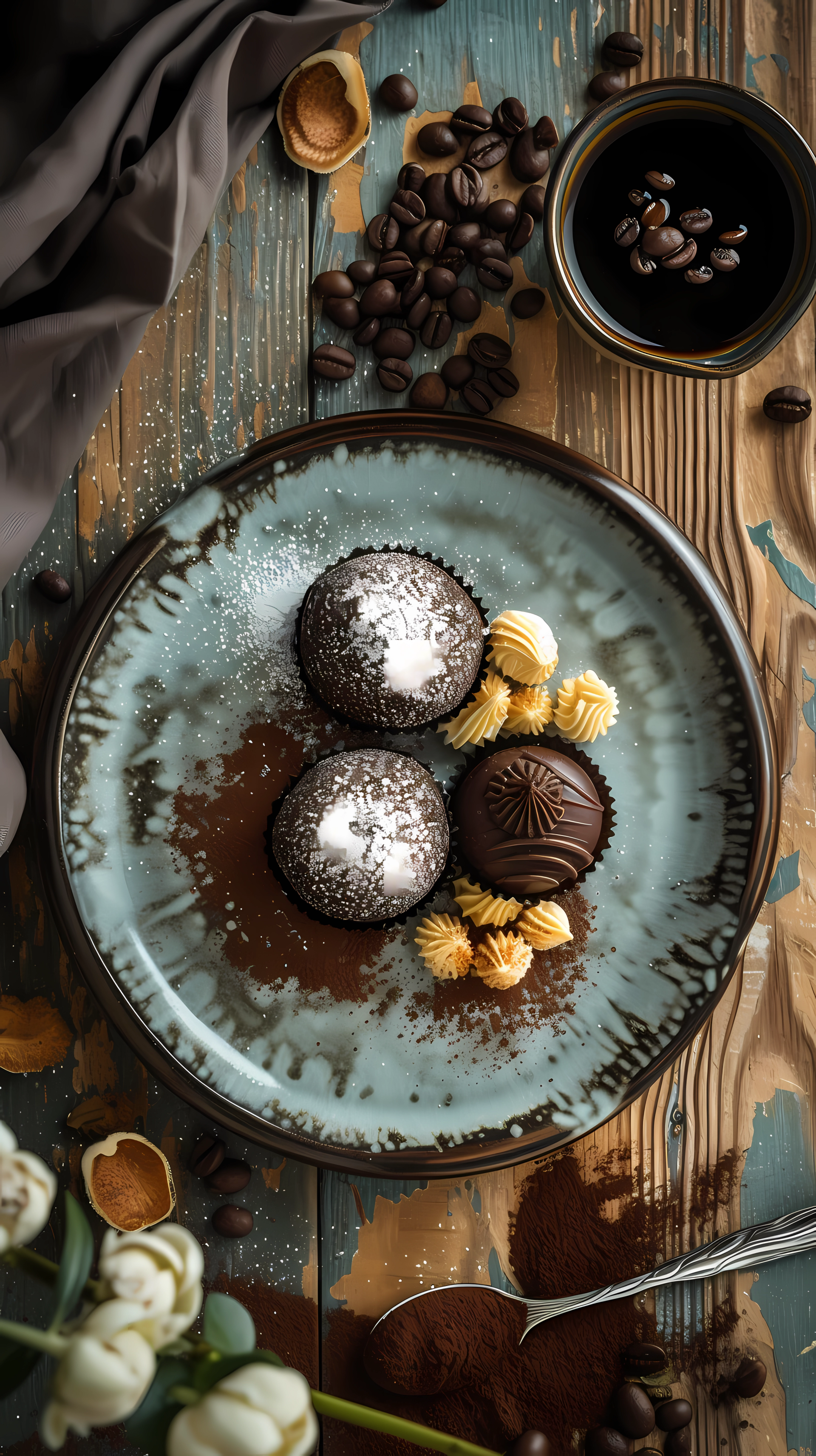 Elegant phone wallpaper showing a decadent selection of chocolate truffles on a rustic plate with coffee beans, a cup of coffee, and flowers scattered on a wooden table.