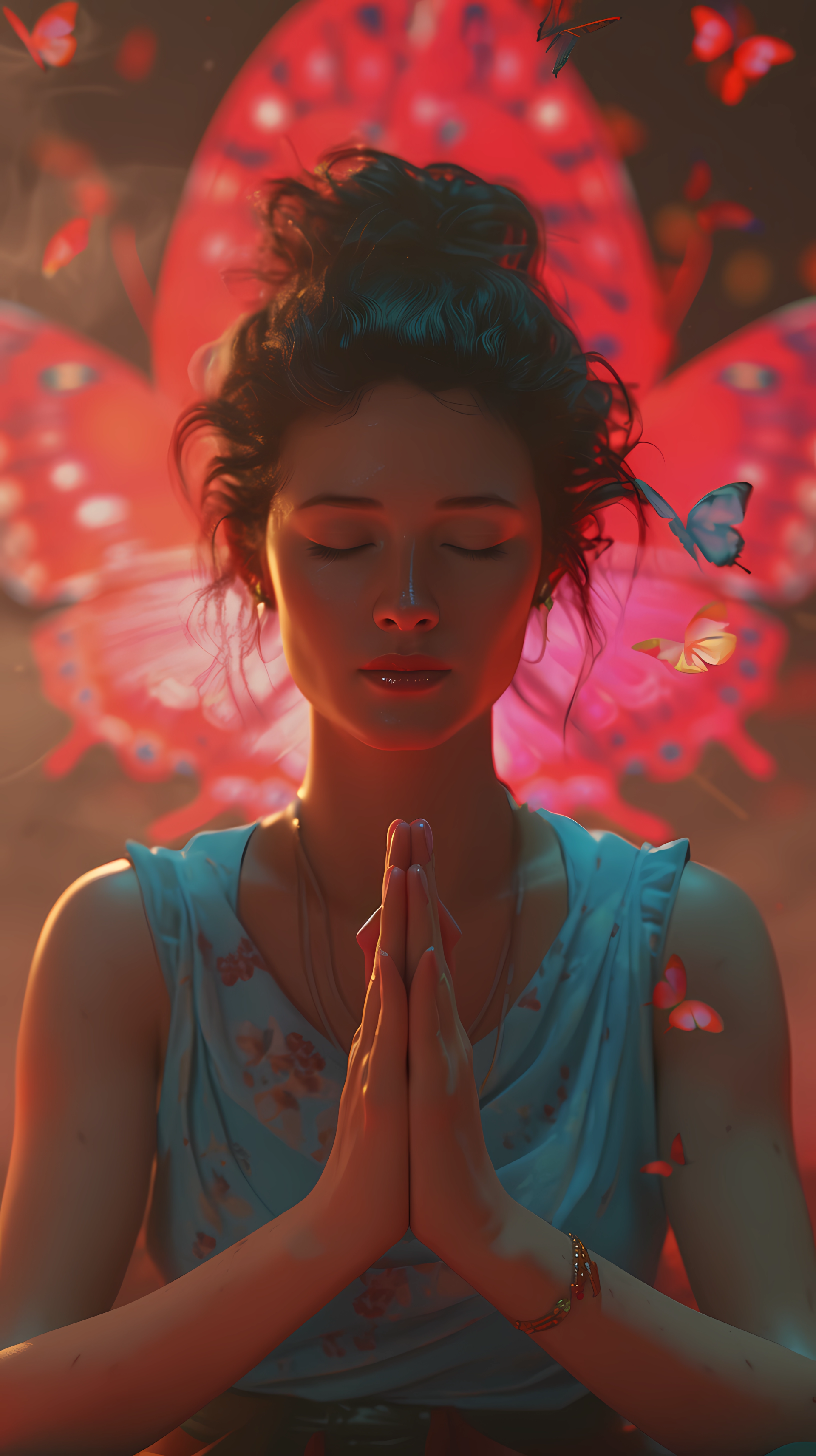A serene portrait of a woman in prayer and meditation, surrounded by vibrant butterflies against a mystical background, embodying themes of faith and tranquility.