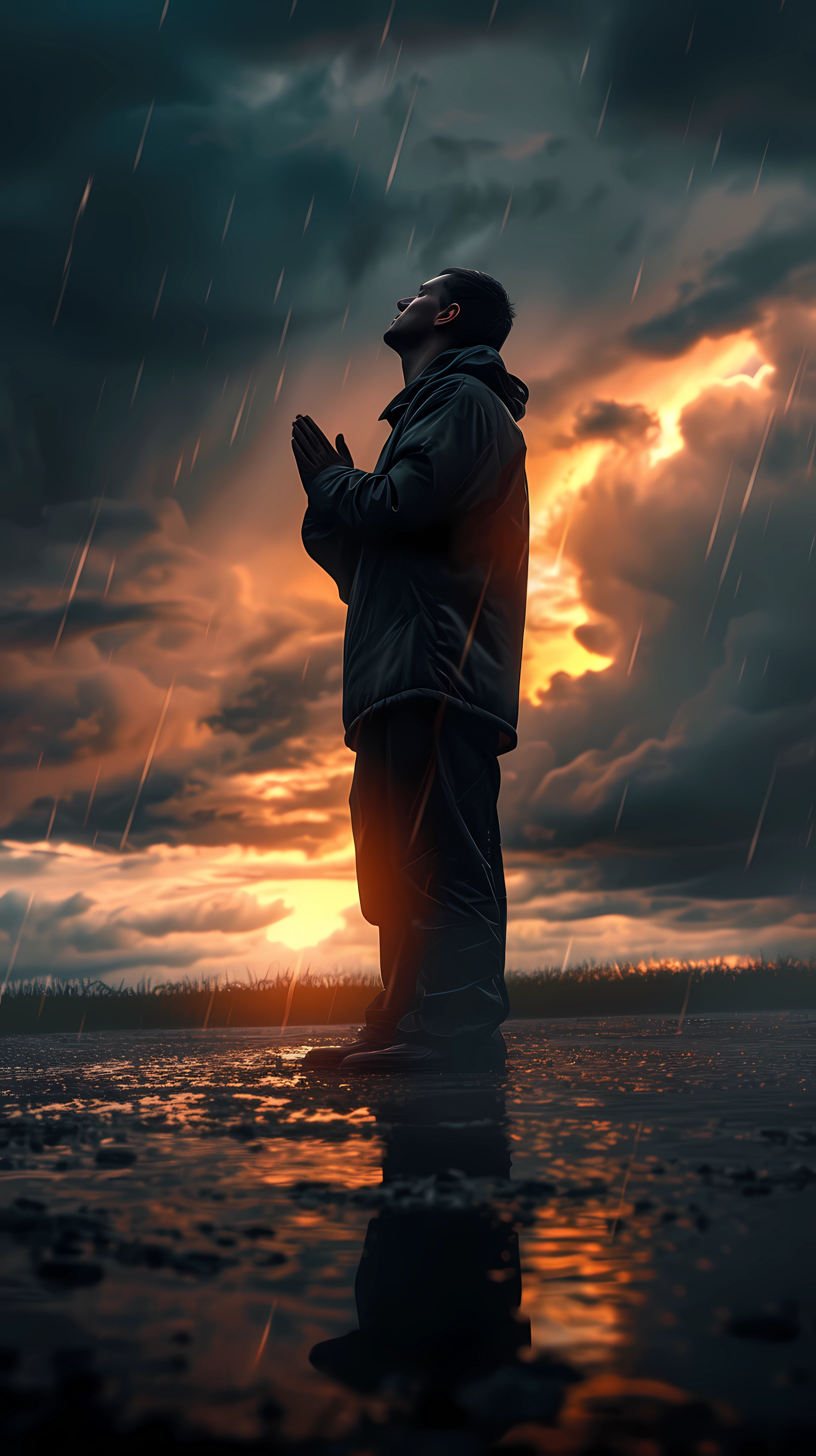 Man praying in the rain at sunset inspirational phone wallpaper