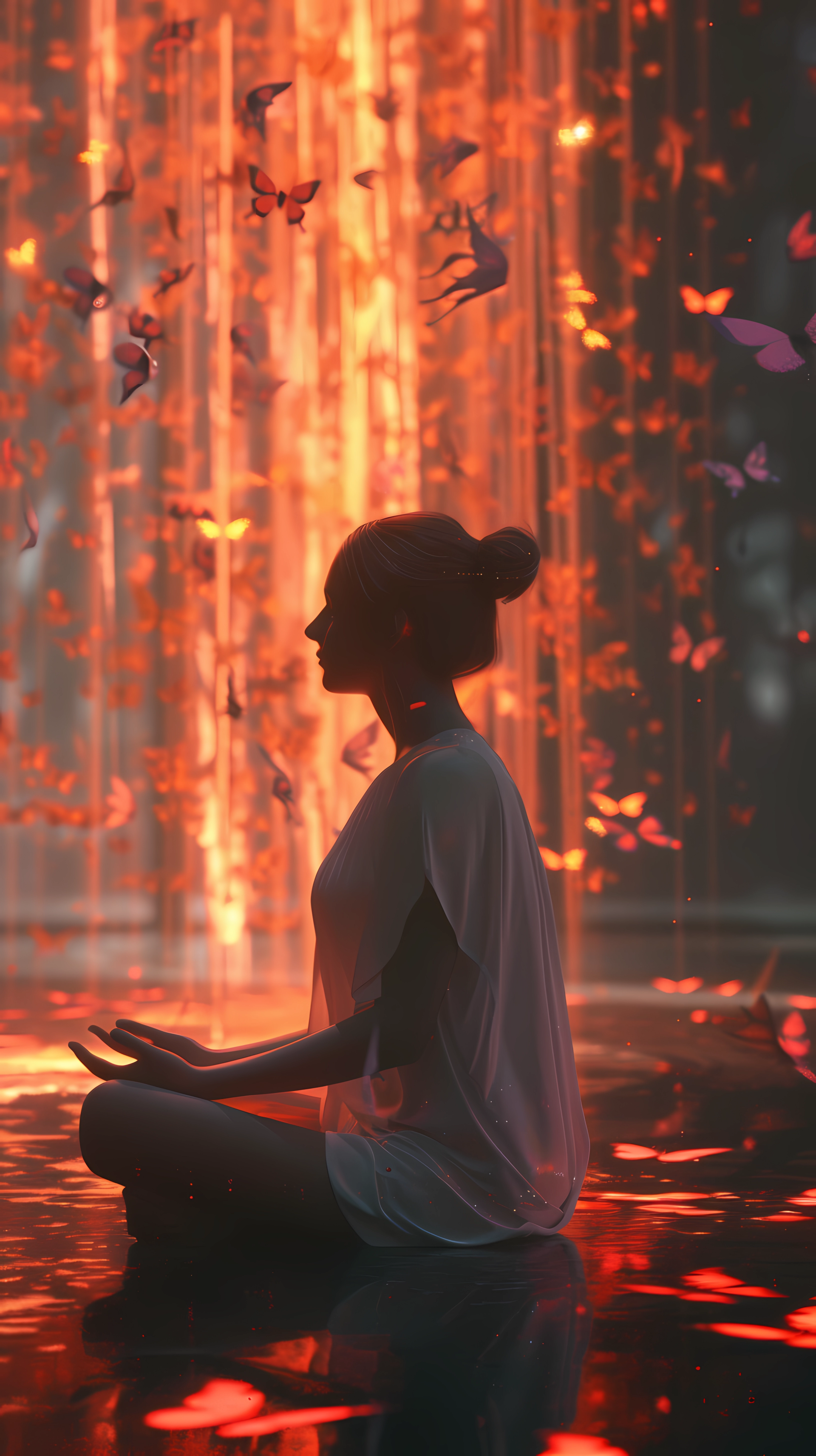 Woman meditating with butterflies against a mystical fiery backdrop, serene faith-themed phone wallpaper.