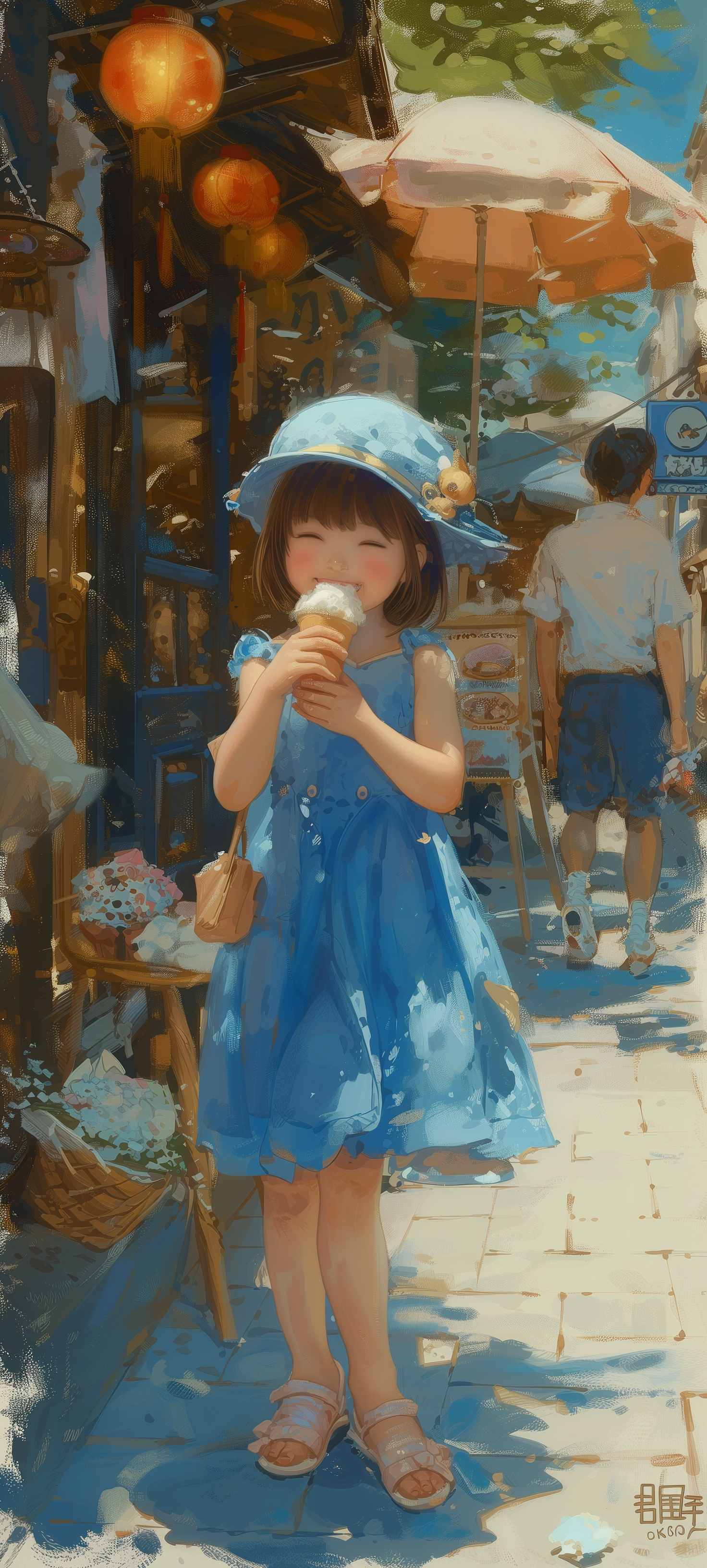 A cheerful girl in a blue dress enjoys ice cream on a sunny street filled with shops and umbrellas, creating a vibrant phone wallpaper scene.