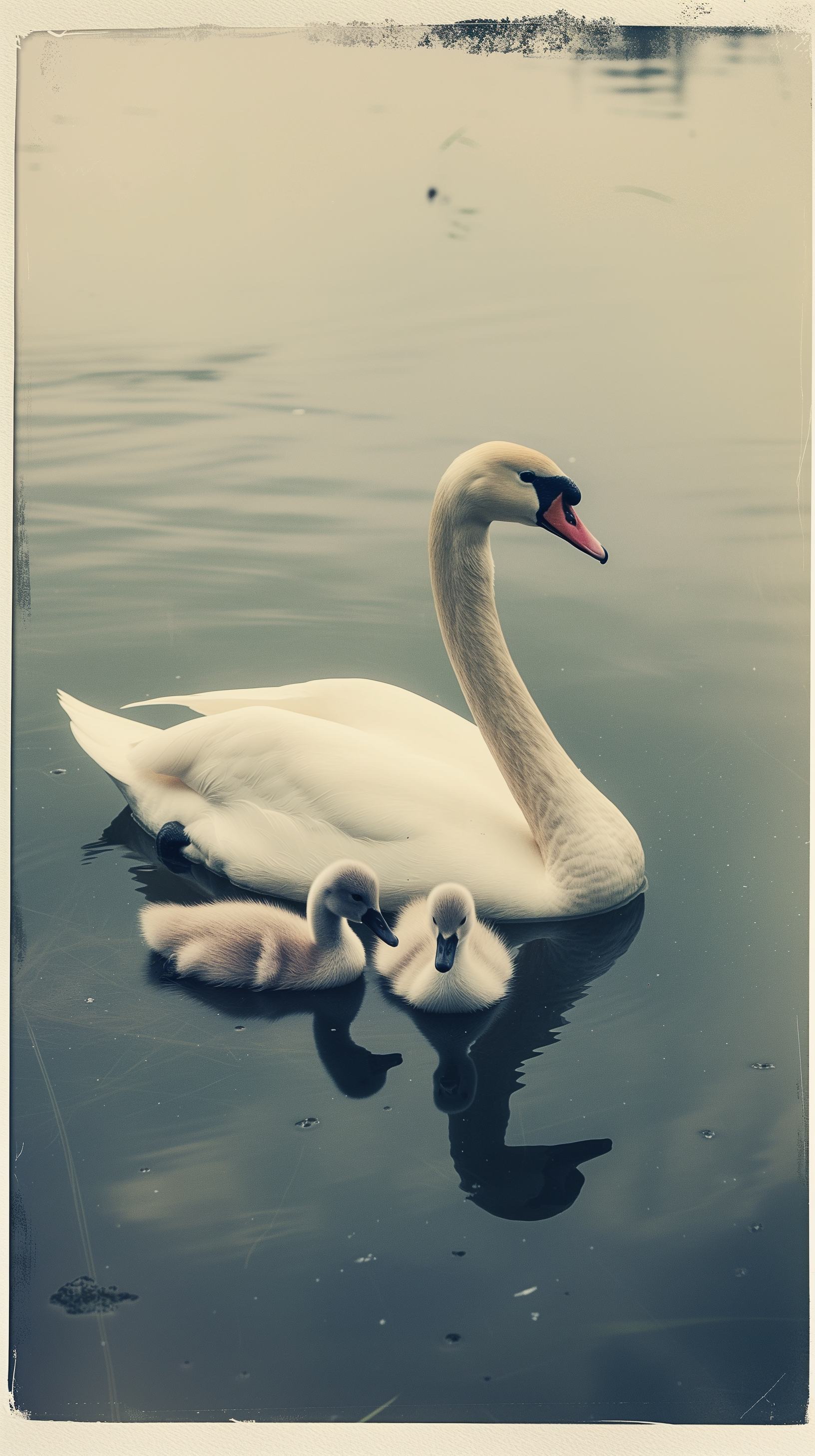 A serene polaroid of a mute swan gliding in water, accompanied by two fluffy cygnets, creating a tranquil phone wallpaper.