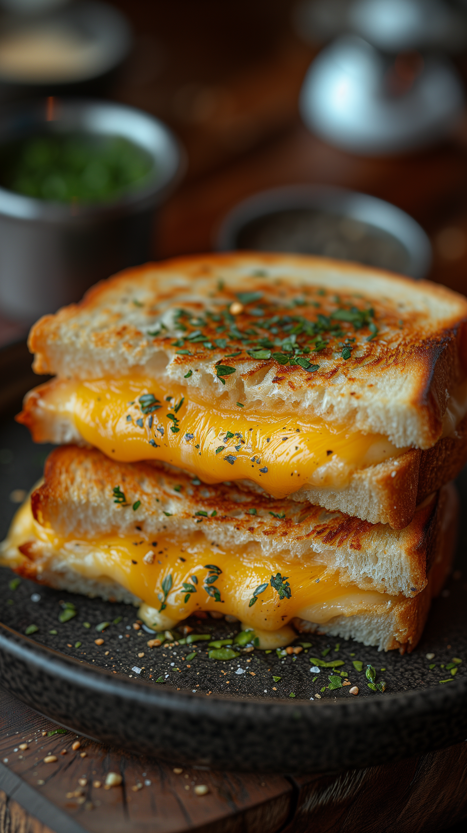 A mouthwatering grilled cheese sandwich with melted cheese oozing between perfectly toasted slices, set on a dark plate, serves as a delightful phone wallpaper.