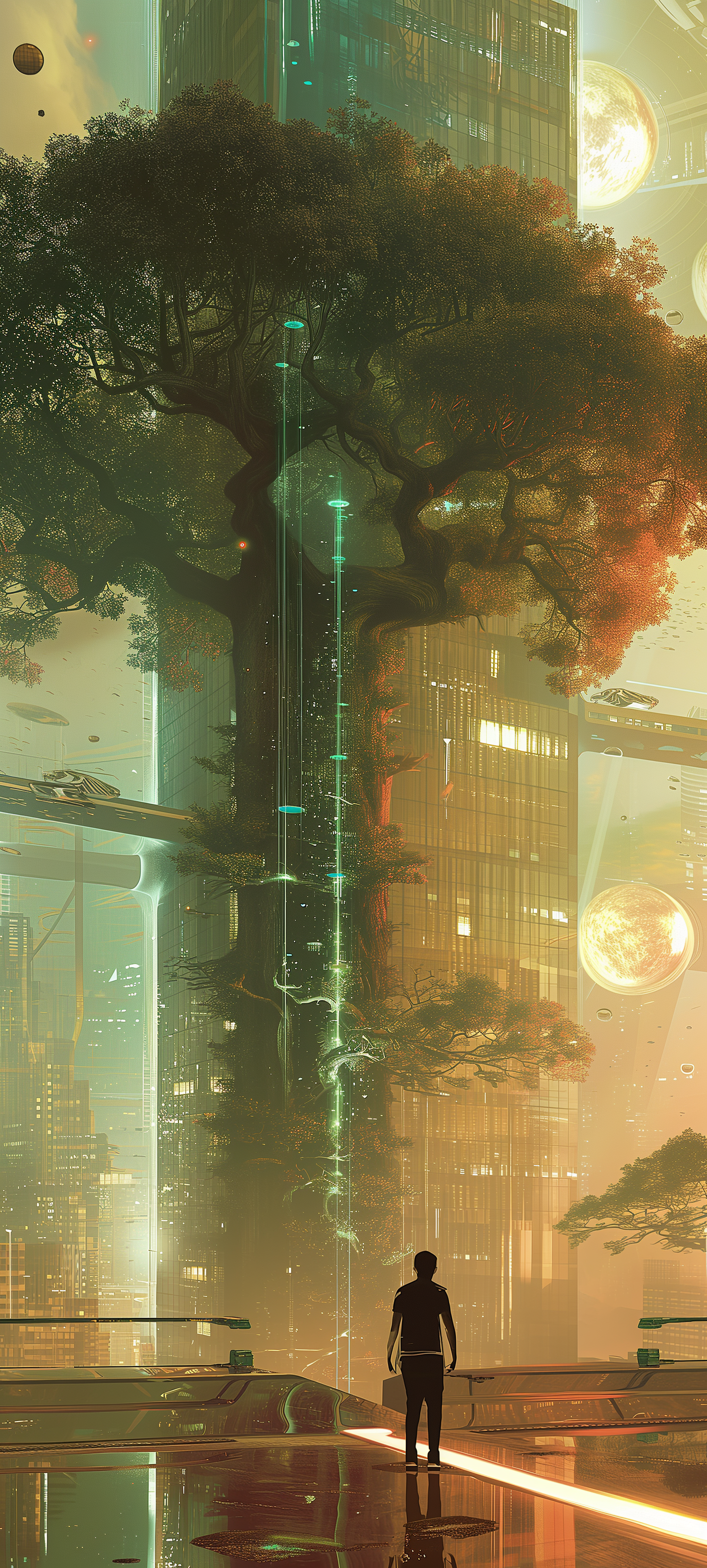 Phone wallpaper featuring a majestic oak tree merged with cyberpunk elements, glowing with futuristic lights beside a contemplative silhouette.