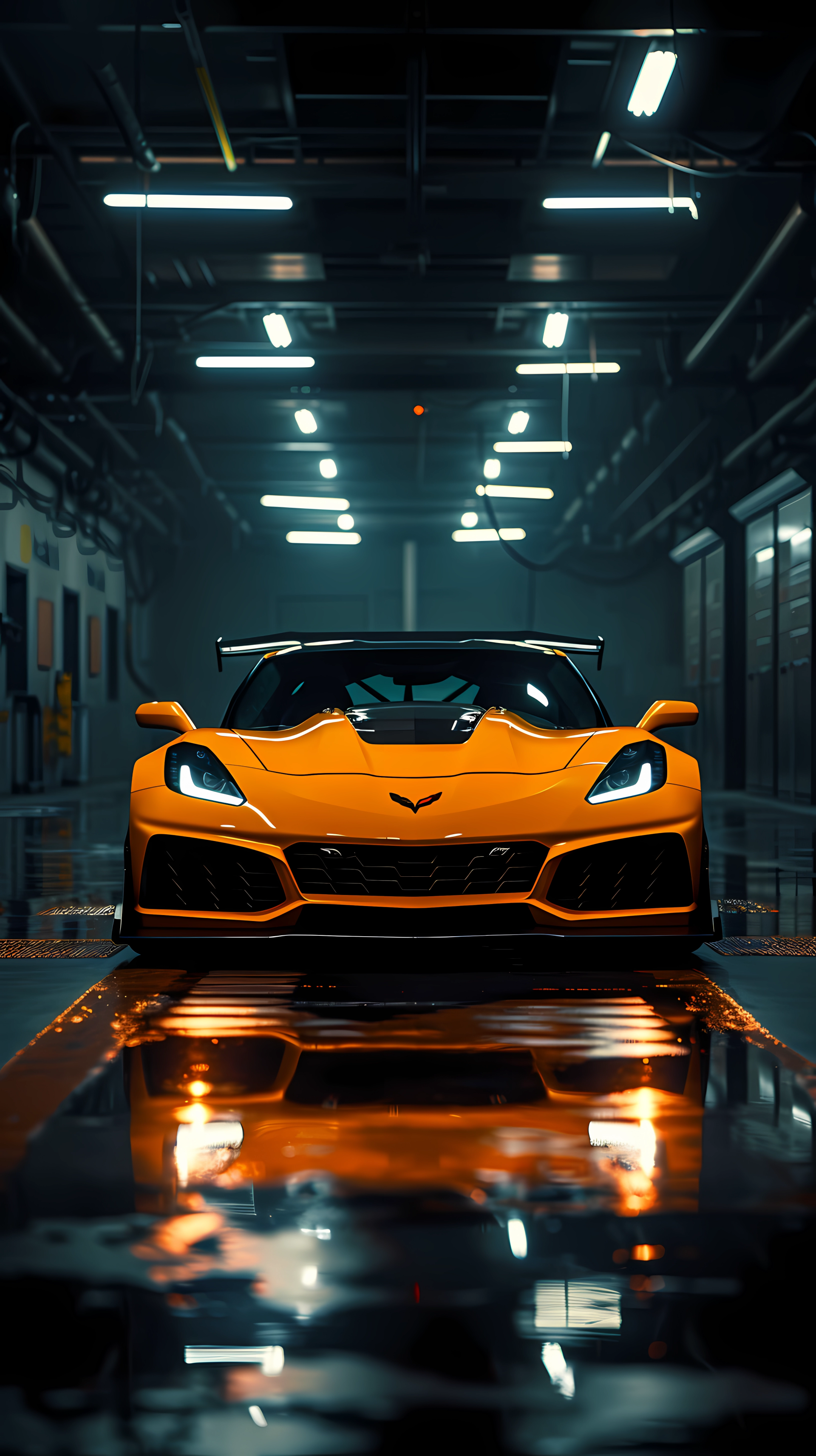 Chevrolet Corvette C7 in garage at night, sleek phone wallpaper.
