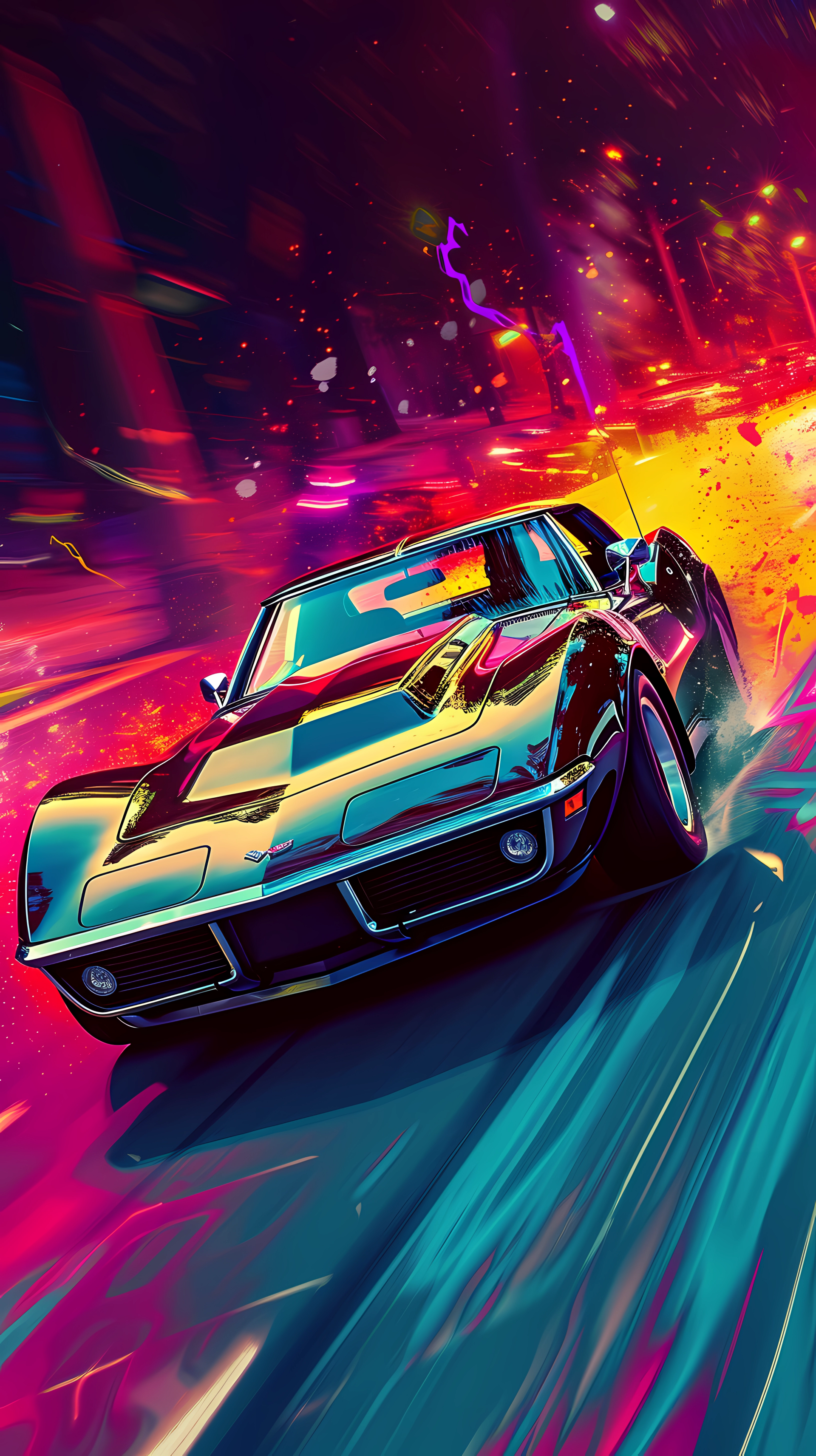 A dynamic phone wallpaper featuring a black Chevrolet Corvette Stingray, highlighted by vivid Color Splash effects and a sense of speed in a vibrant urban setting.