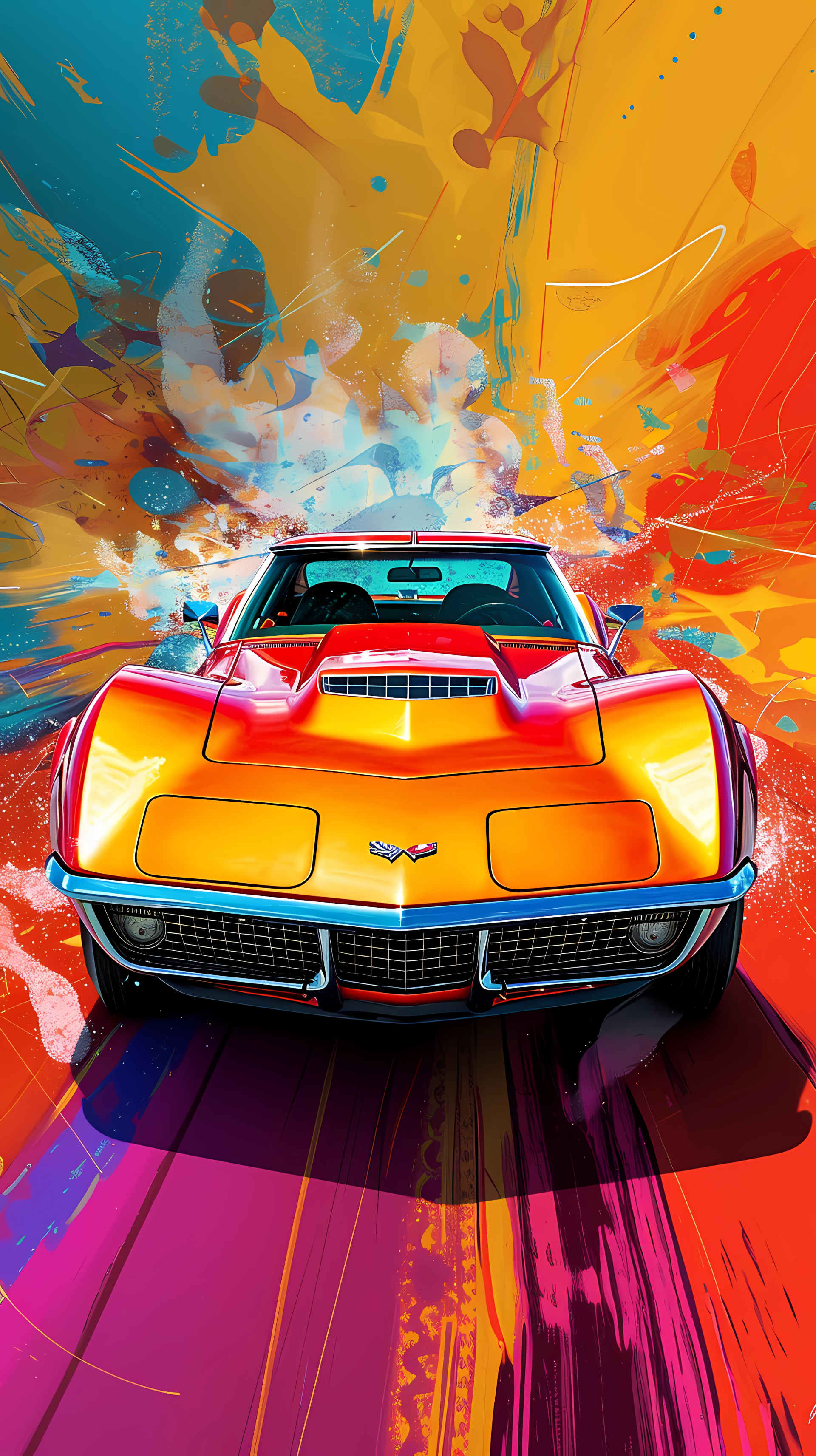 A vibrant Chevrolet Corvette Stingray stands out against a colorful abstract background, making it a striking phone wallpaper for car enthusiasts.