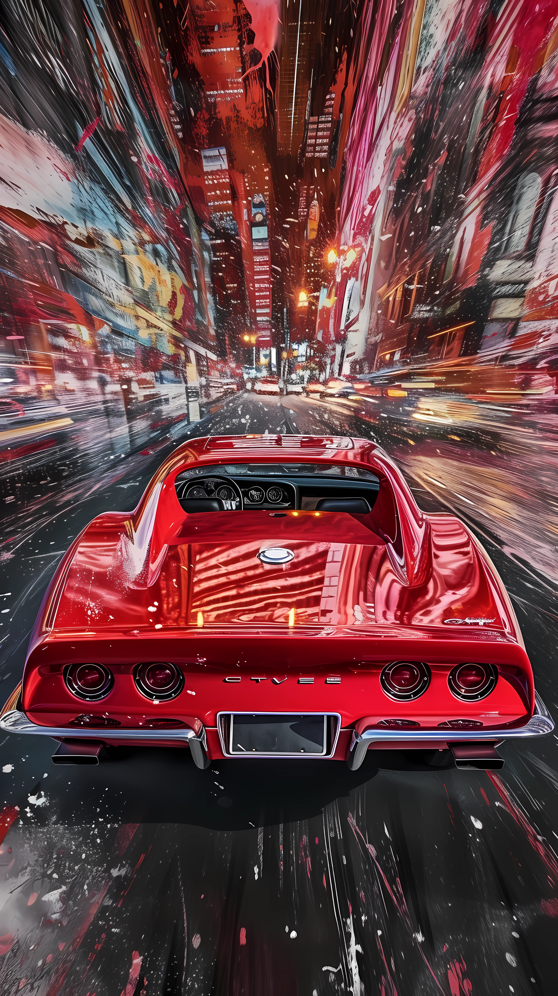 Red Chevrolet Corvette Stingray driving at night with city lights blurred for dramatic phone wallpaper.