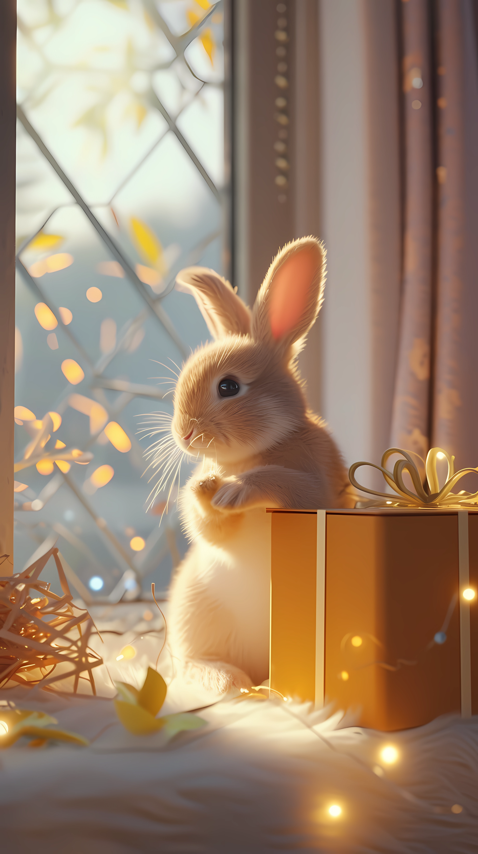 A cute rabbit sits by a gift box, surrounded by warm light and gentle decorations, evoking joy and charm in this delightful phone wallpaper.