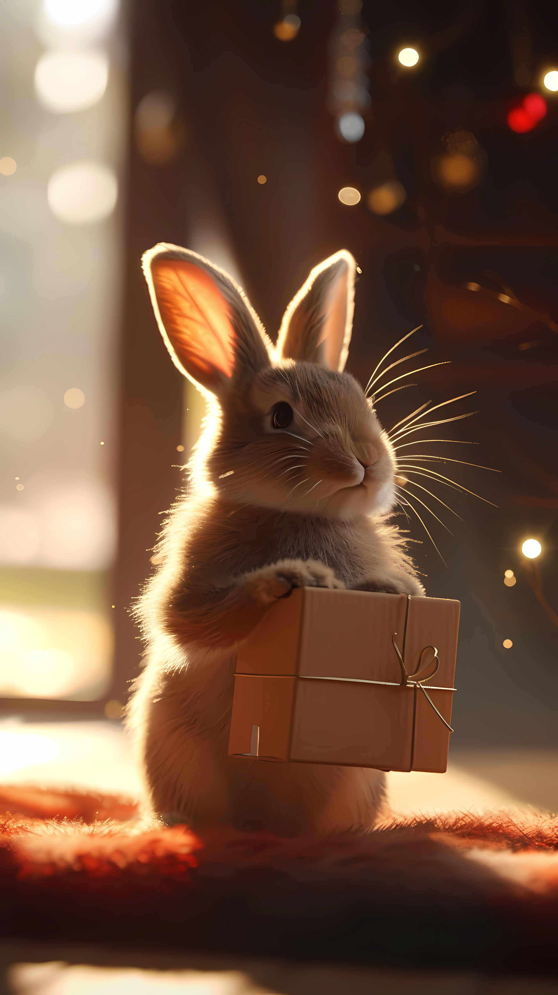 A cute rabbit joyfully holds a small gift box, surrounded by warm light and a cozy atmosphere, making this enchanting image a delightful phone wallpaper.