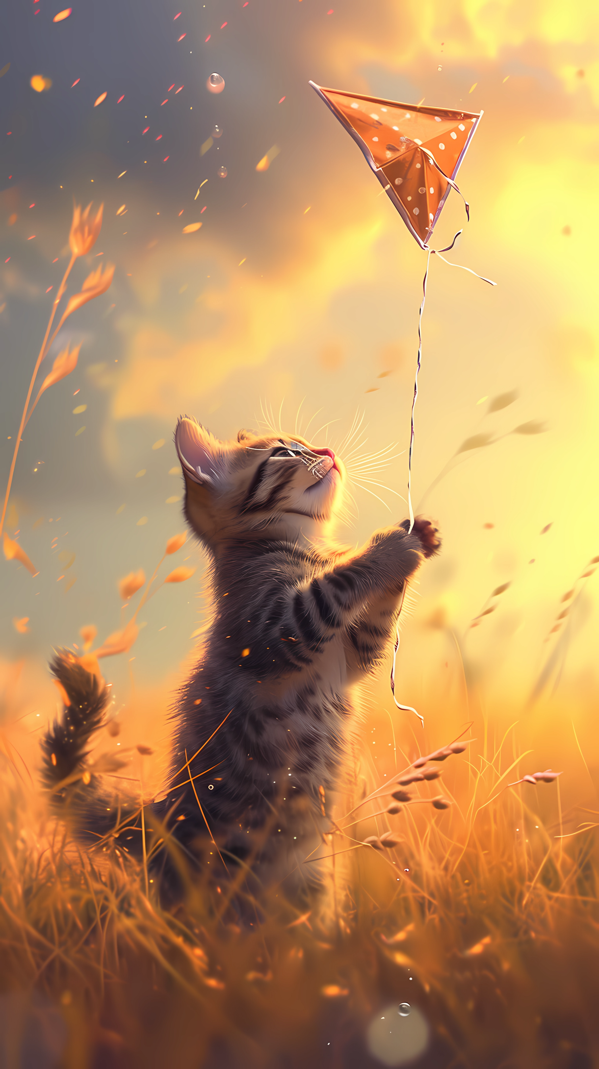 A joyful, cute kitten, standing in a field, holds a kite as sunlight filters through grass, creating a whimsical phone wallpaper that captures pure delight.