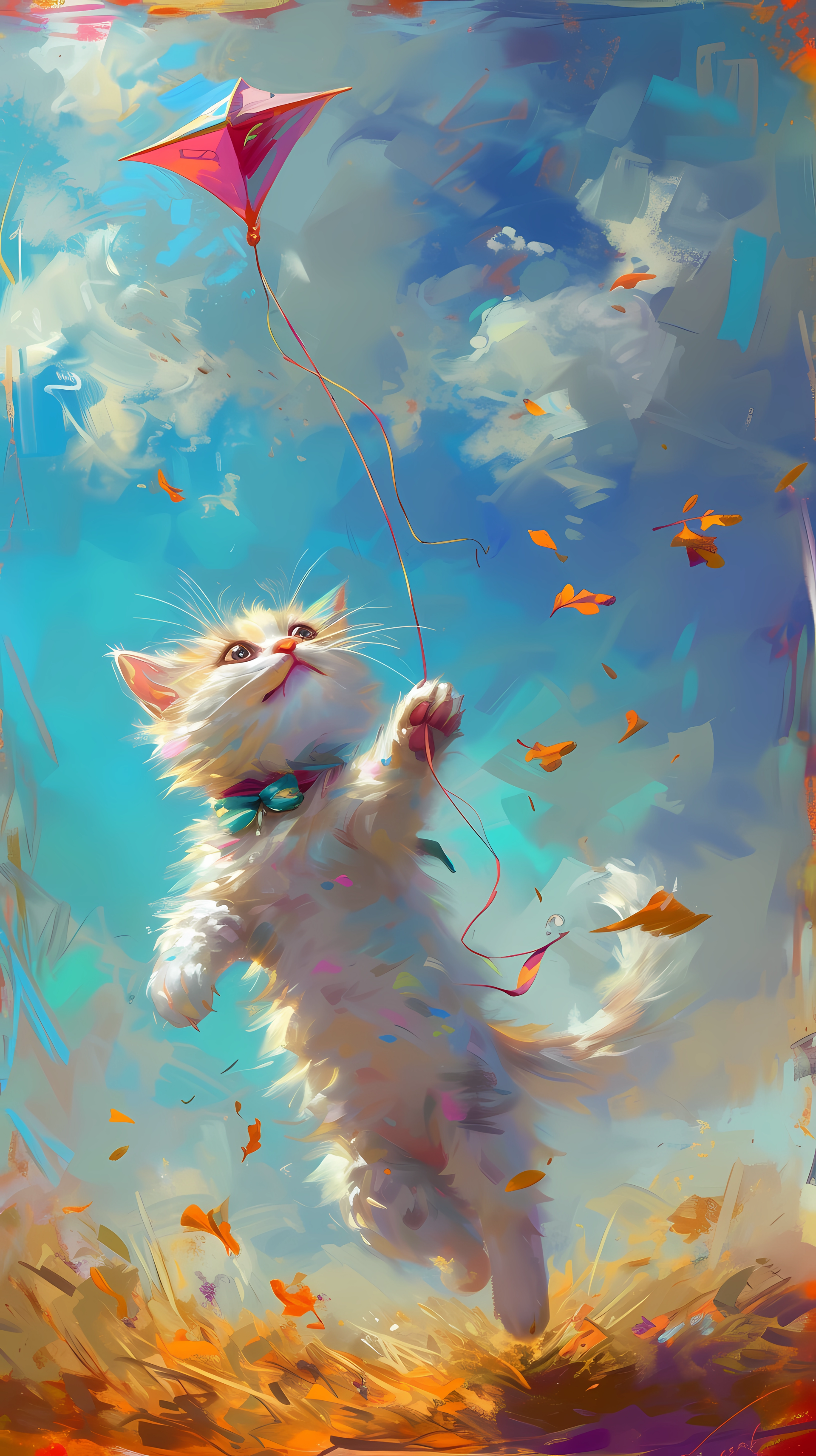 A cute kitten joyfully grabs a colorful kite, surrounded by swirling leaves against a bright blue sky, creating a whimsical phone wallpaper scene.