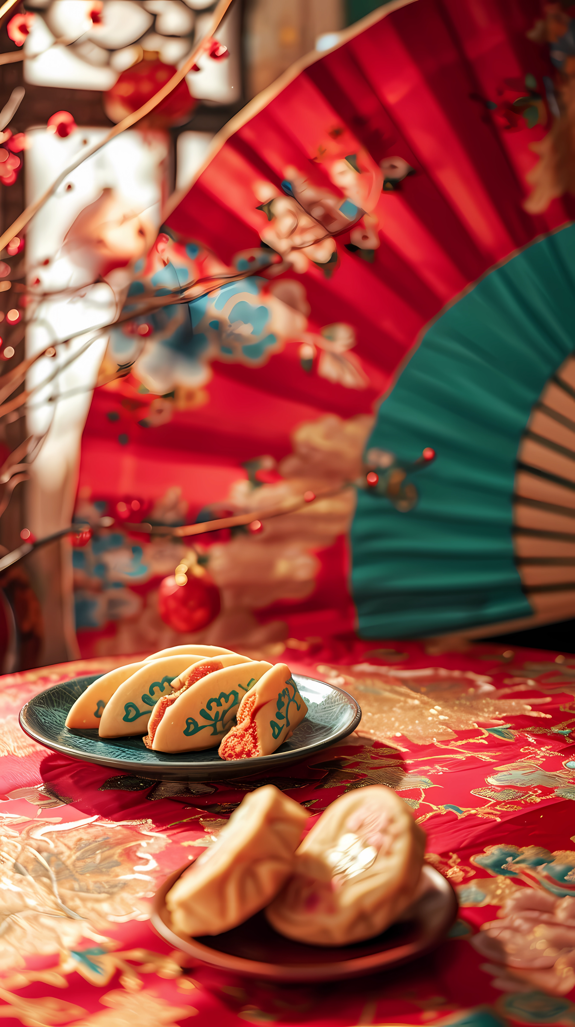 Decorative fortune cookies on a table with traditional patterns for an elegant phone wallpaper.
