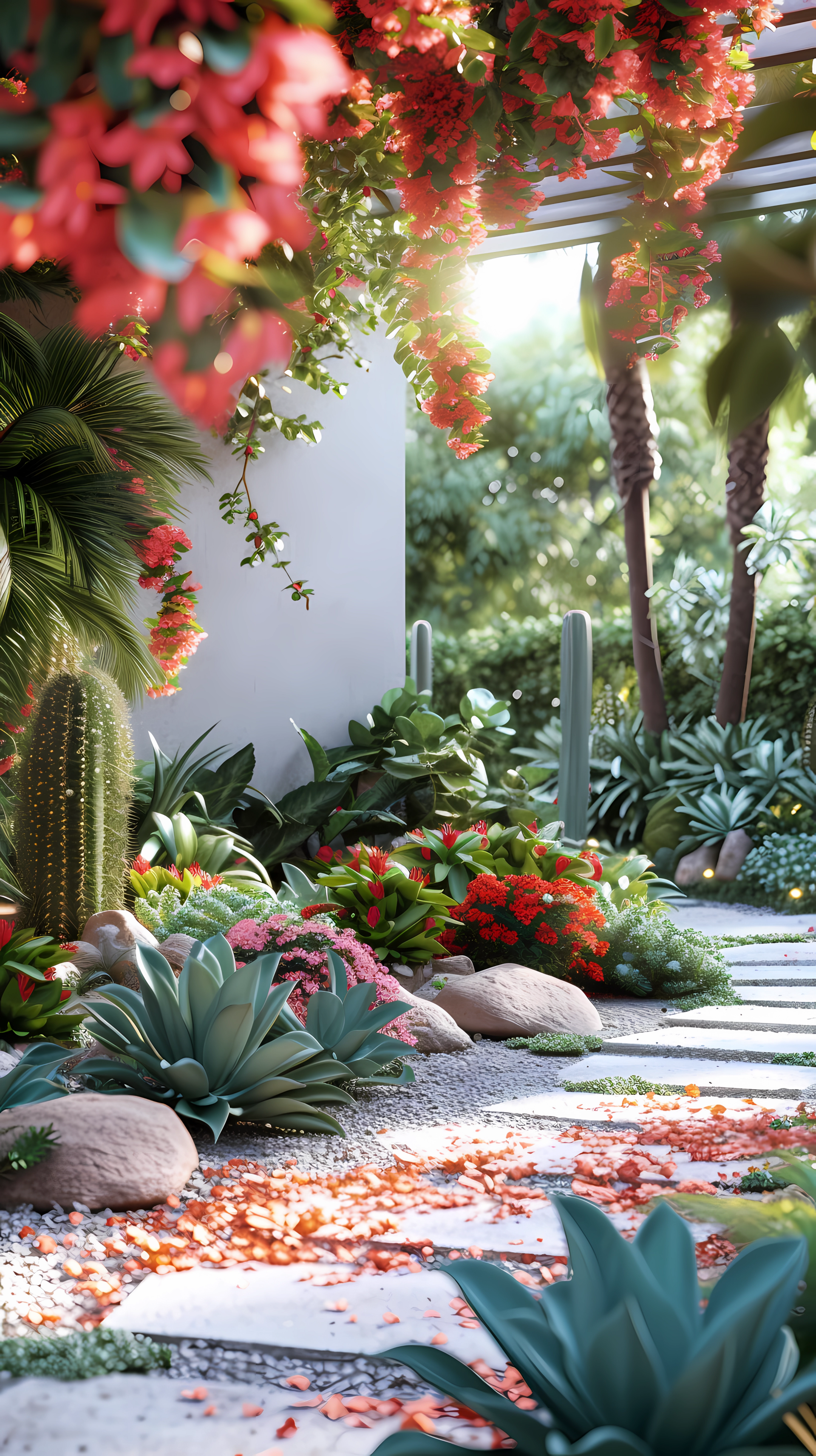 A vibrant modern garden featuring exotic plants and flowers, with lush greenery, colorful blooms, and a serene pathway, designed as a stunning phone wallpaper.