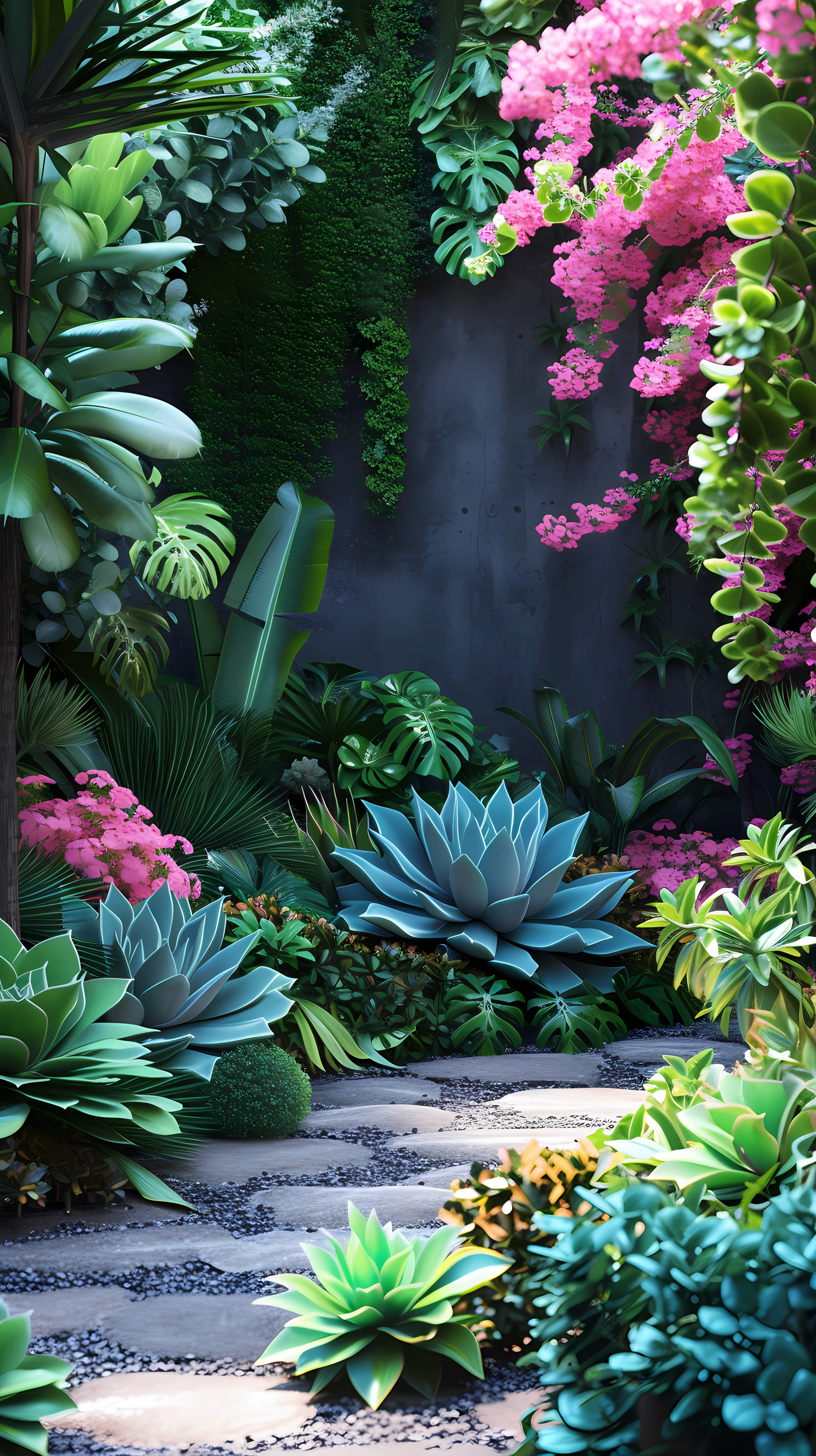 Vibrant modern exotic garden wallpaper for phones, featuring lush greenery and blooming pink flowers.