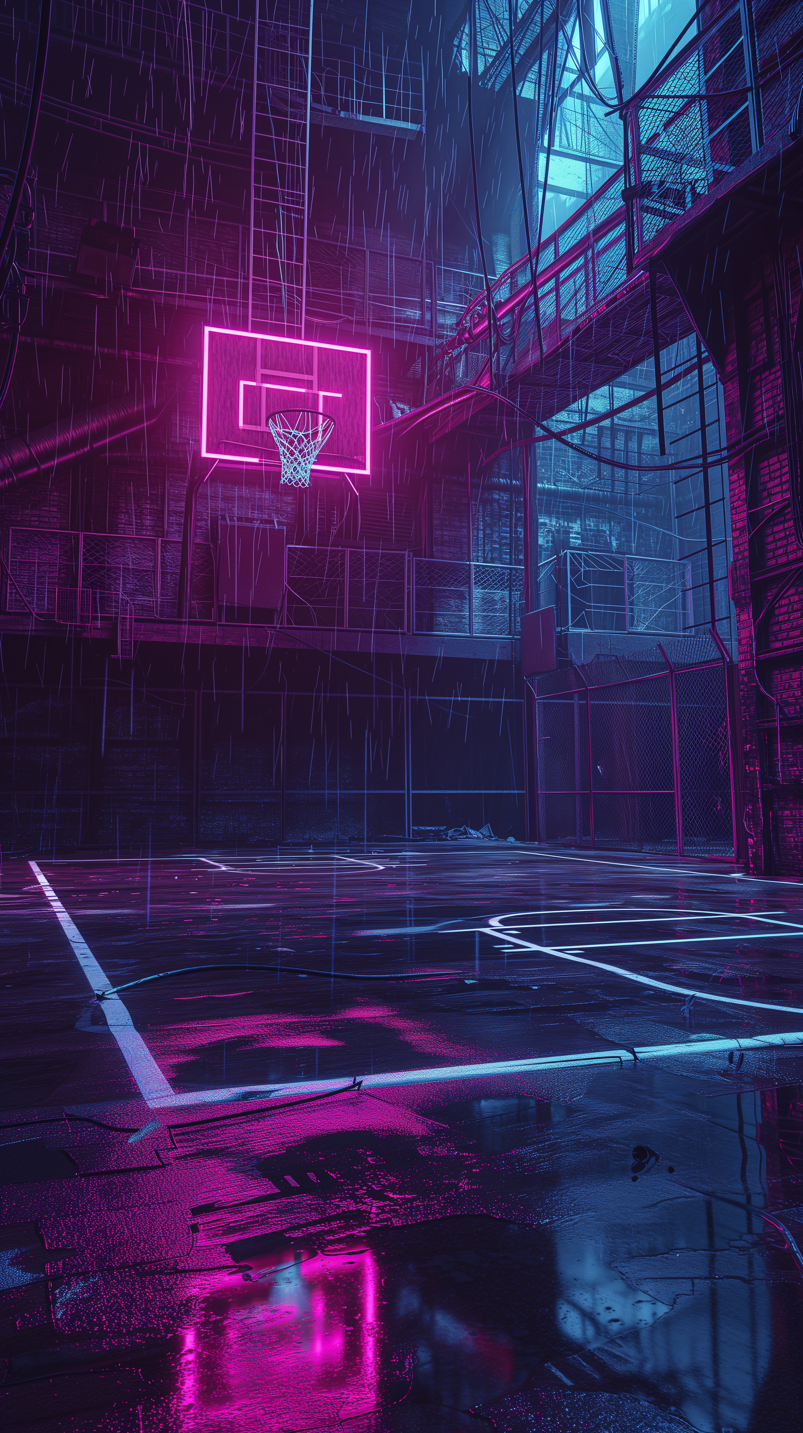 A vibrant basketball court drenched in rain, illuminated by striking neon pink and blue lights, creating a captivating phone wallpaper.
