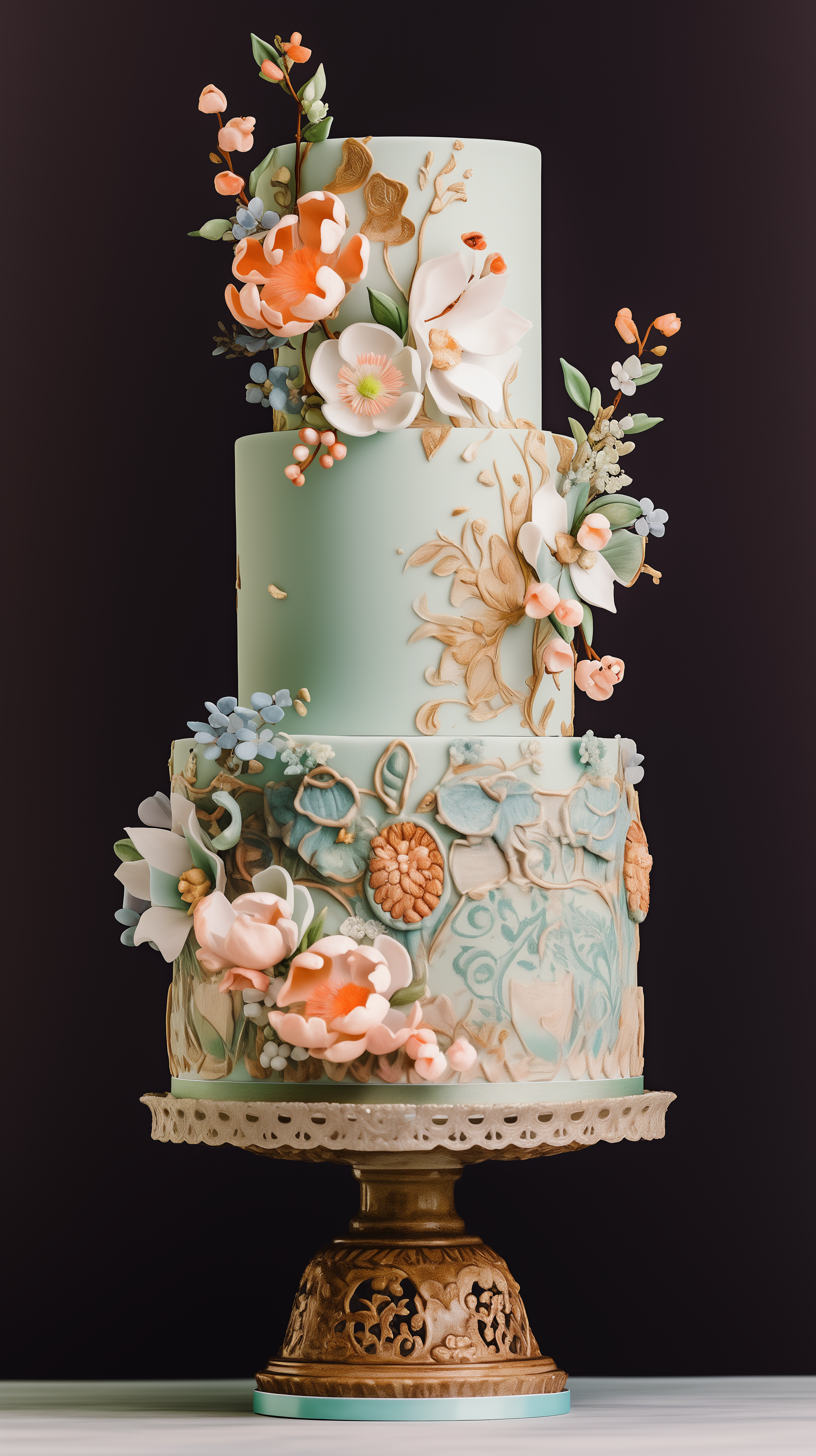 A beautifully decorated three-tier wedding cake with delicate floral accents, sitting elegantly on a vintage cake stand, designed as a stunning phone wallpaper.